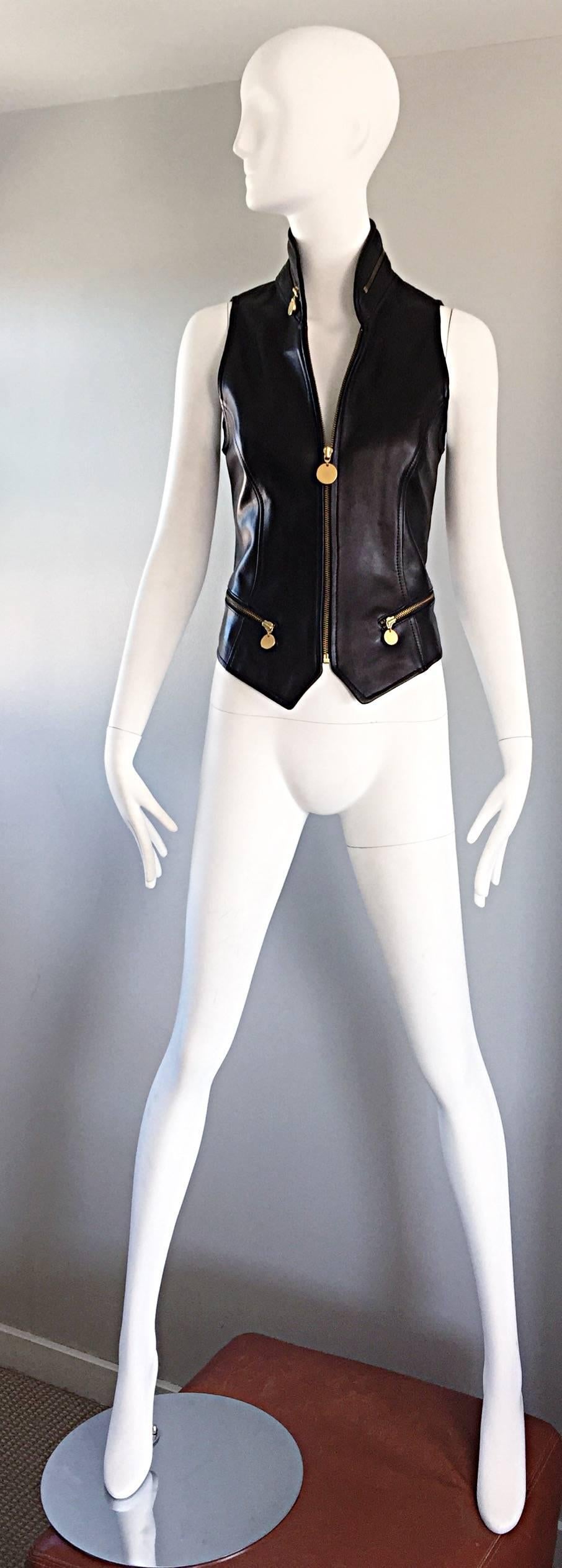 Vintage Donna Karan Black Lambskin Leather 1990s 90s Fitted Moto Vest Size 4 2