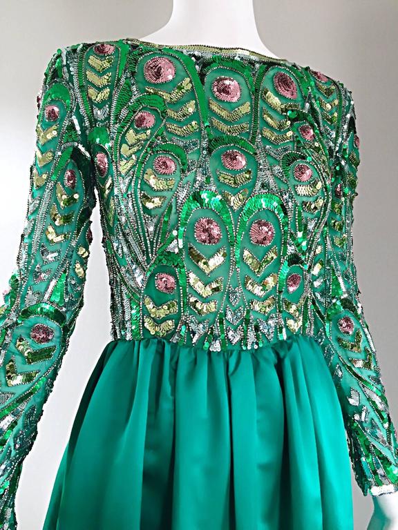 Victoria Royal 1960s Kelly Green Silk Satin Sequined + Beaded Vintage Gown Dress