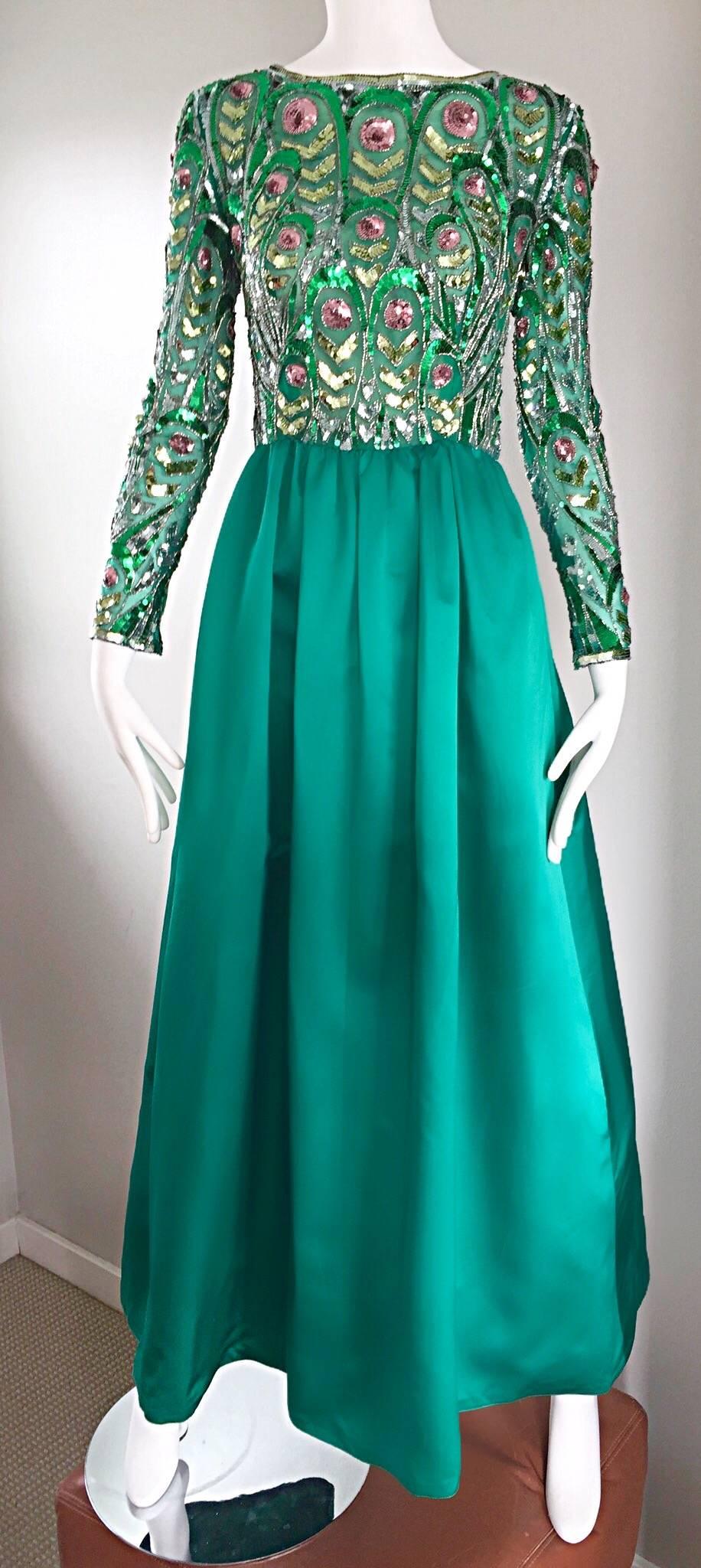 Victoria Royal 1960s Kelly Green Silk Satin Sequined + Beaded Vintage Gown Dress In Good Condition For Sale In San Diego, CA