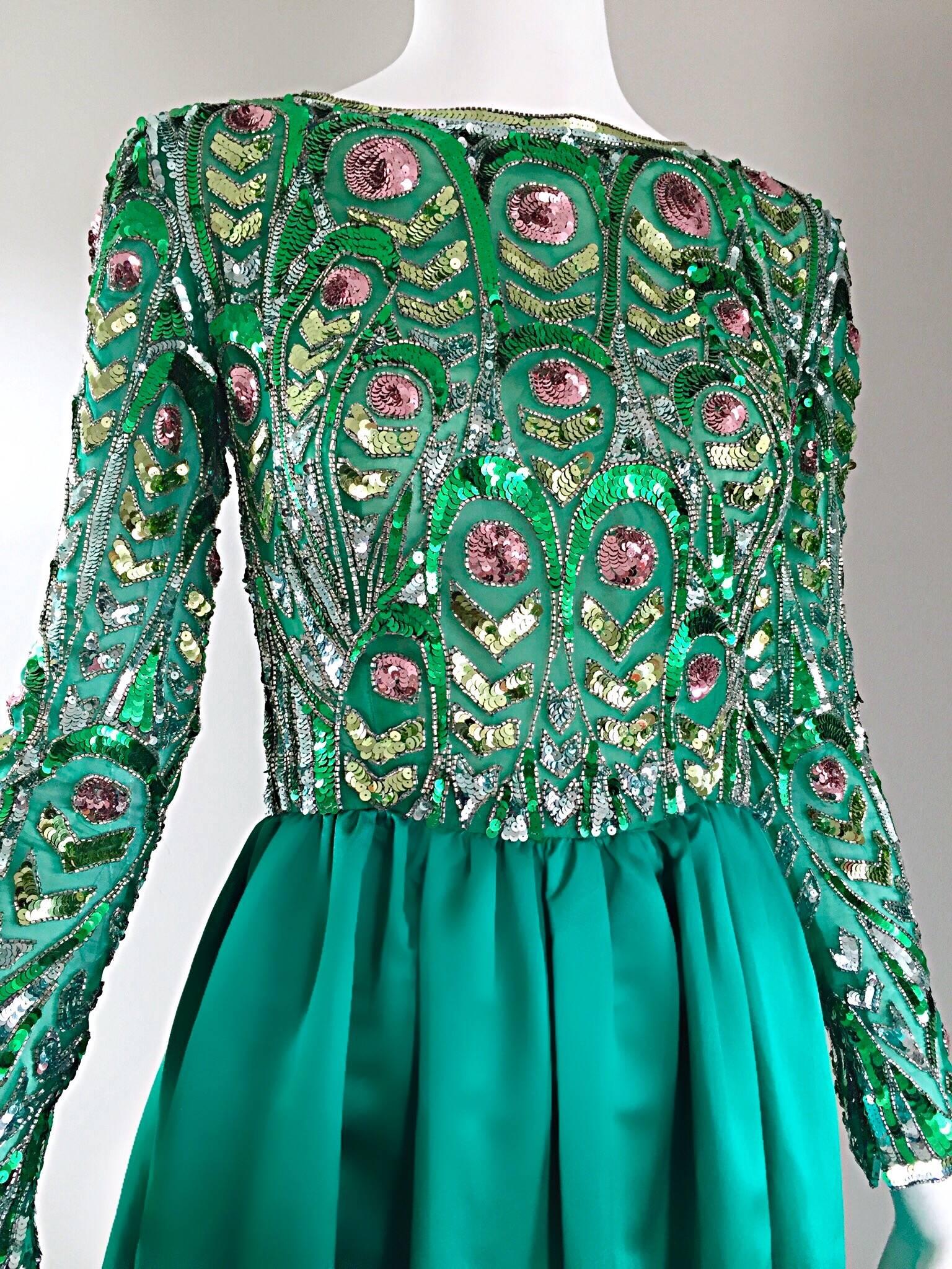 Victoria Royal 1960s Kelly Green Silk Satin Sequined + Beaded Vintage Gown Dress For Sale 1