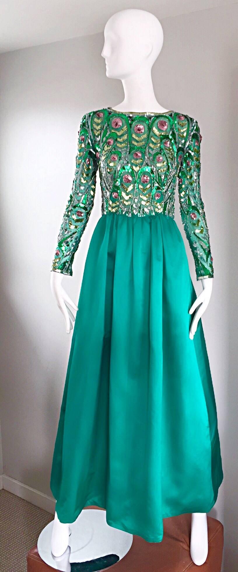 Victoria Royal 1960s Kelly Green Silk Satin Sequined + Beaded Vintage Gown Dress For Sale 2