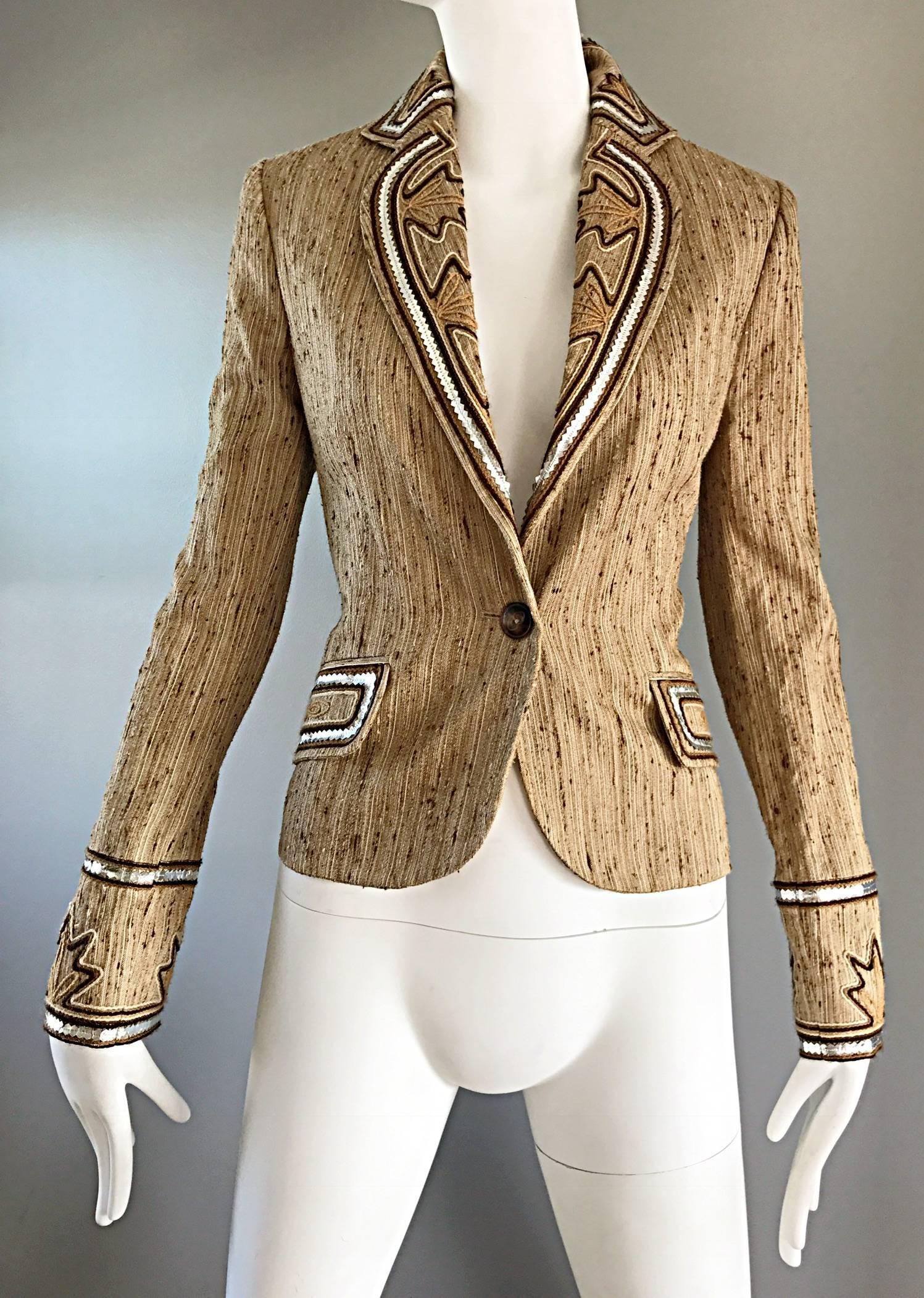 Insanely chic JOHN GALLIANO for CHRISTIAN DIOR tan embroidered and sequined silk blazer! Features autumnal tones of tans and browns. Hand embroidered butterfly on the back, surrounded by embroidered leaves. All outlined in metallic silver and silver