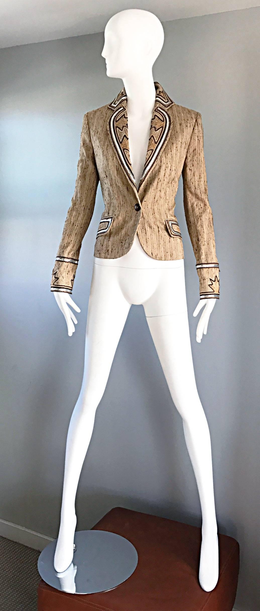 Christian Dior By John Galliano Tan Butterfly Embroidered Sequin Blazer Jacket In Excellent Condition In San Diego, CA