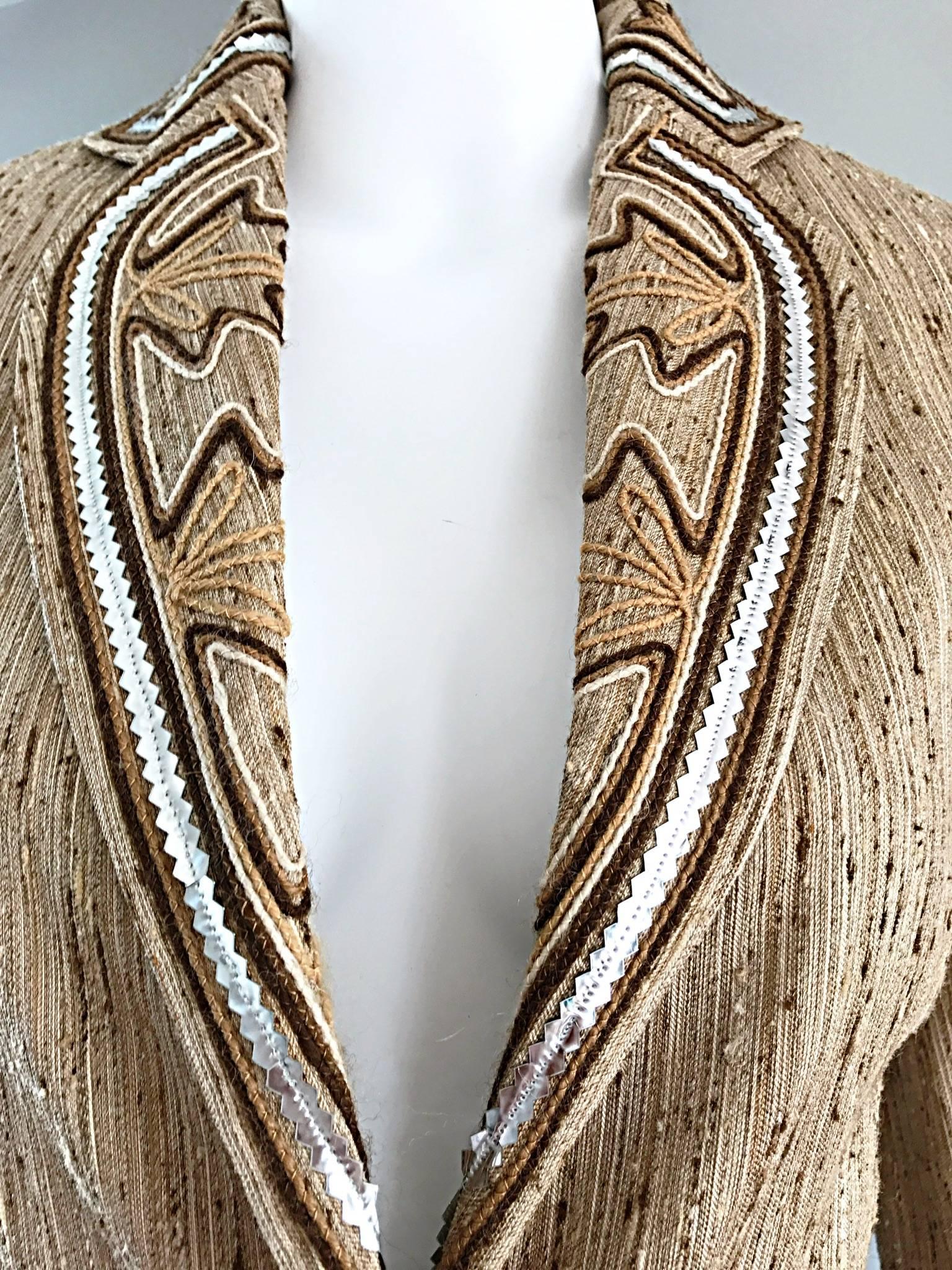 Women's Christian Dior By John Galliano Tan Butterfly Embroidered Sequin Blazer Jacket