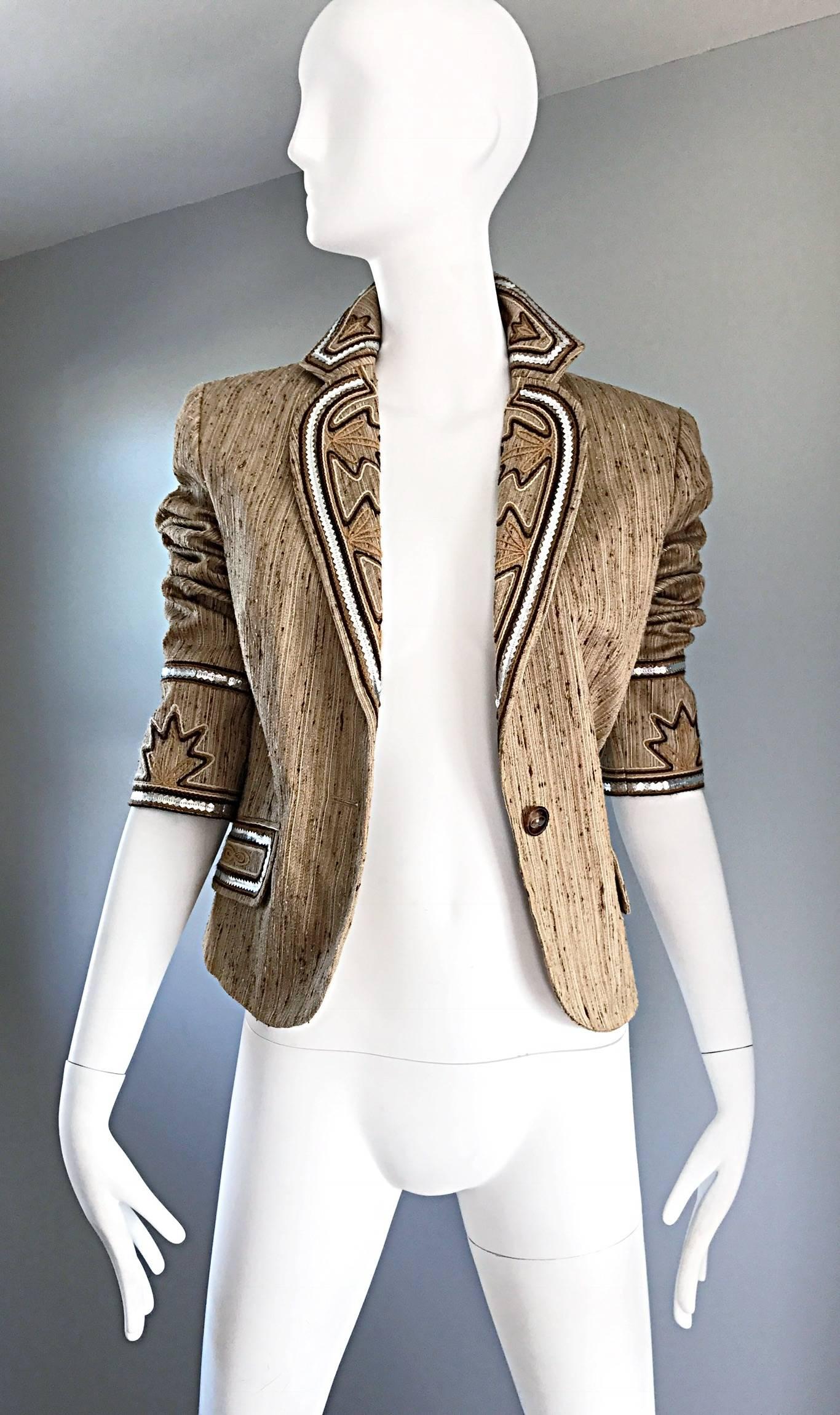 Christian Dior By John Galliano Tan Butterfly Embroidered Sequin Blazer Jacket 1