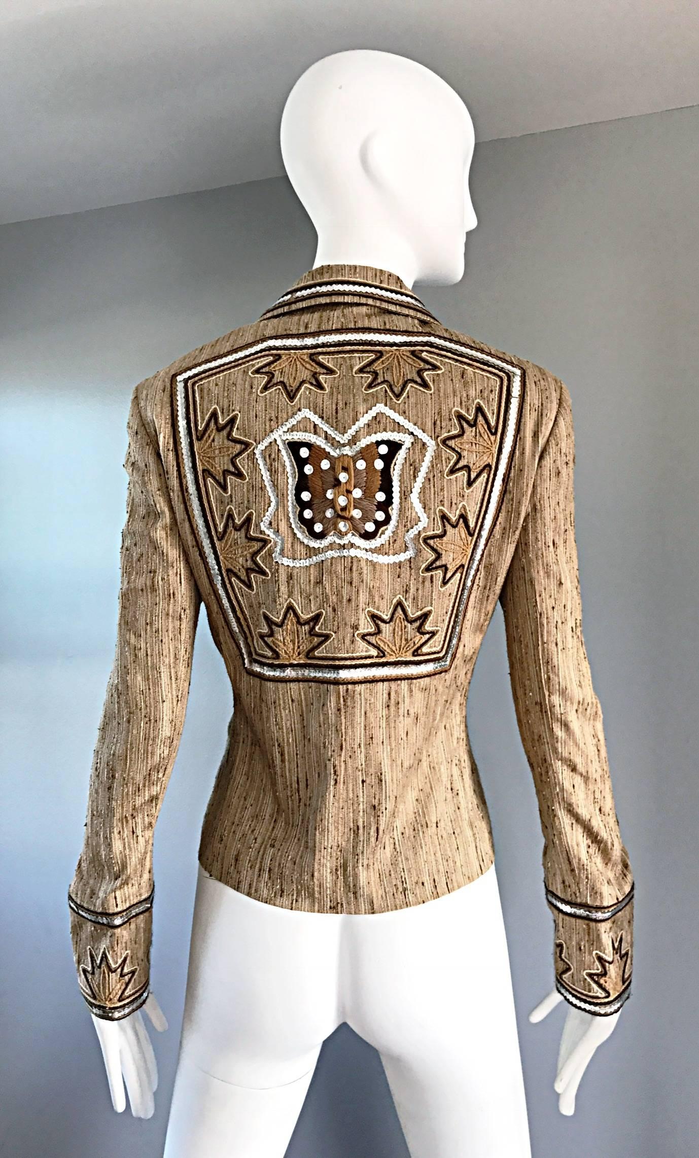 Christian Dior By John Galliano Tan Butterfly Embroidered Sequin Blazer Jacket 2