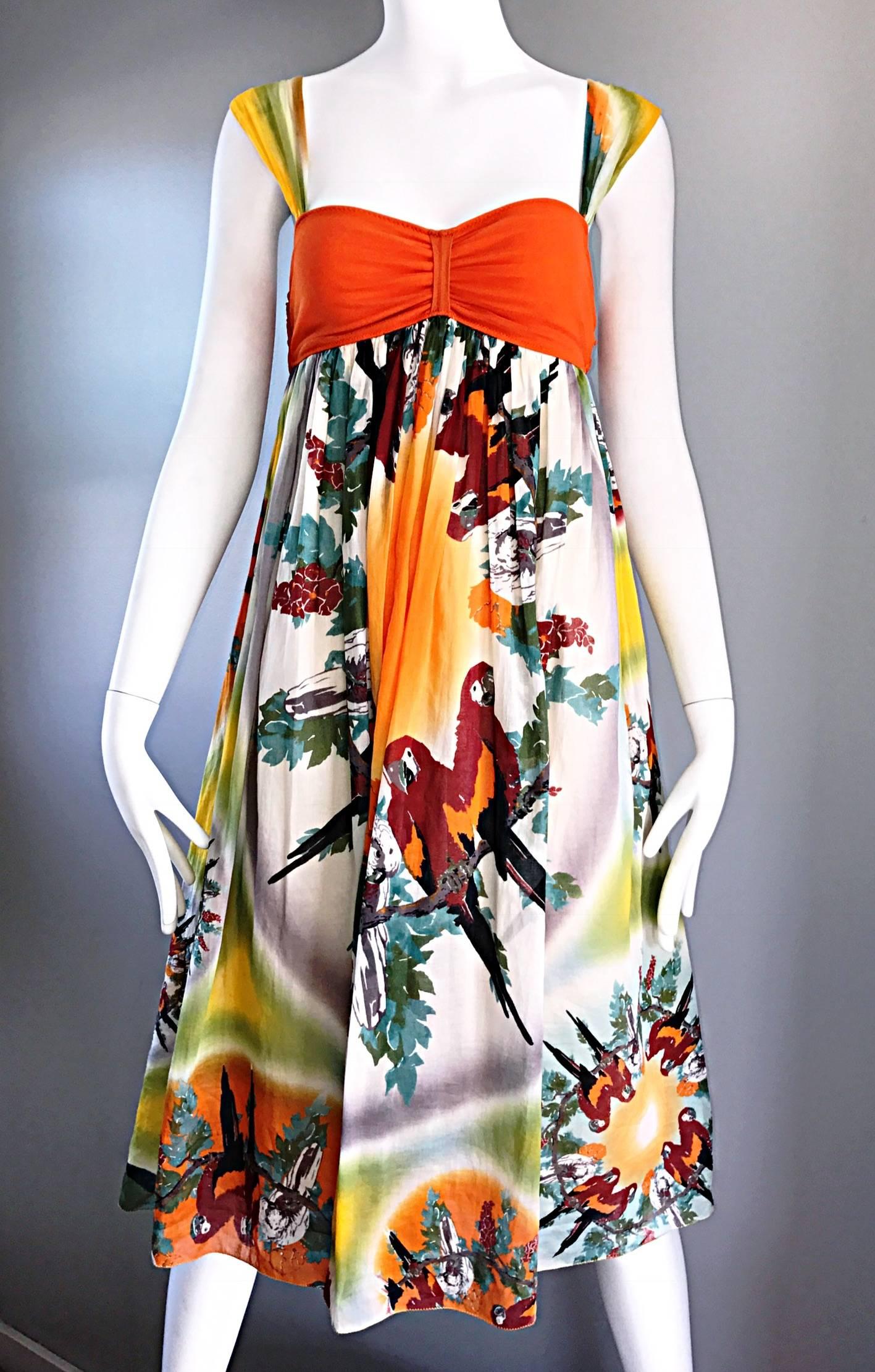 Jean Paul Gaultier Vintage 1990s ' Parrot ' Print 90s Empire Waist Boho Dress In Excellent Condition In San Diego, CA