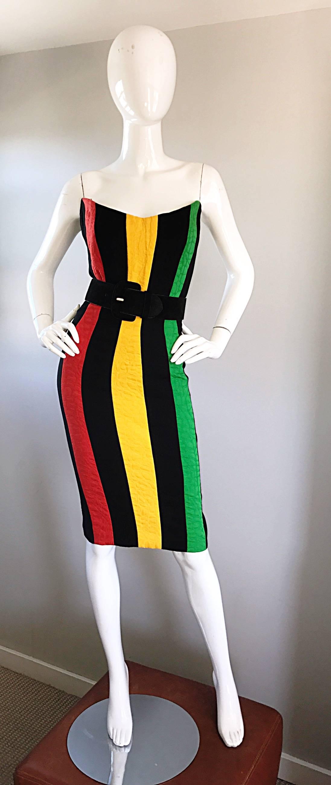 Bob Mackie - Magnifique robe sans bretelles vintage vert + jaune + rouge + noir, taille 12 Pour femmes en vente