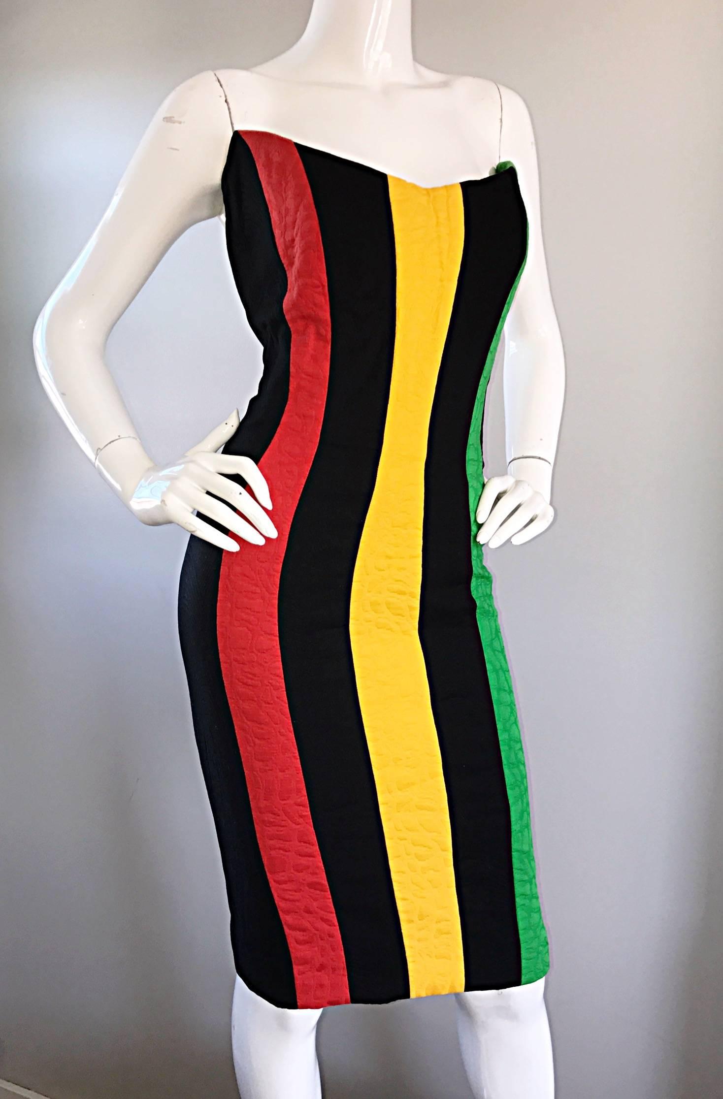 Orange Bob Mackie - Magnifique robe sans bretelles vintage vert + jaune + rouge + noir, taille 12 en vente