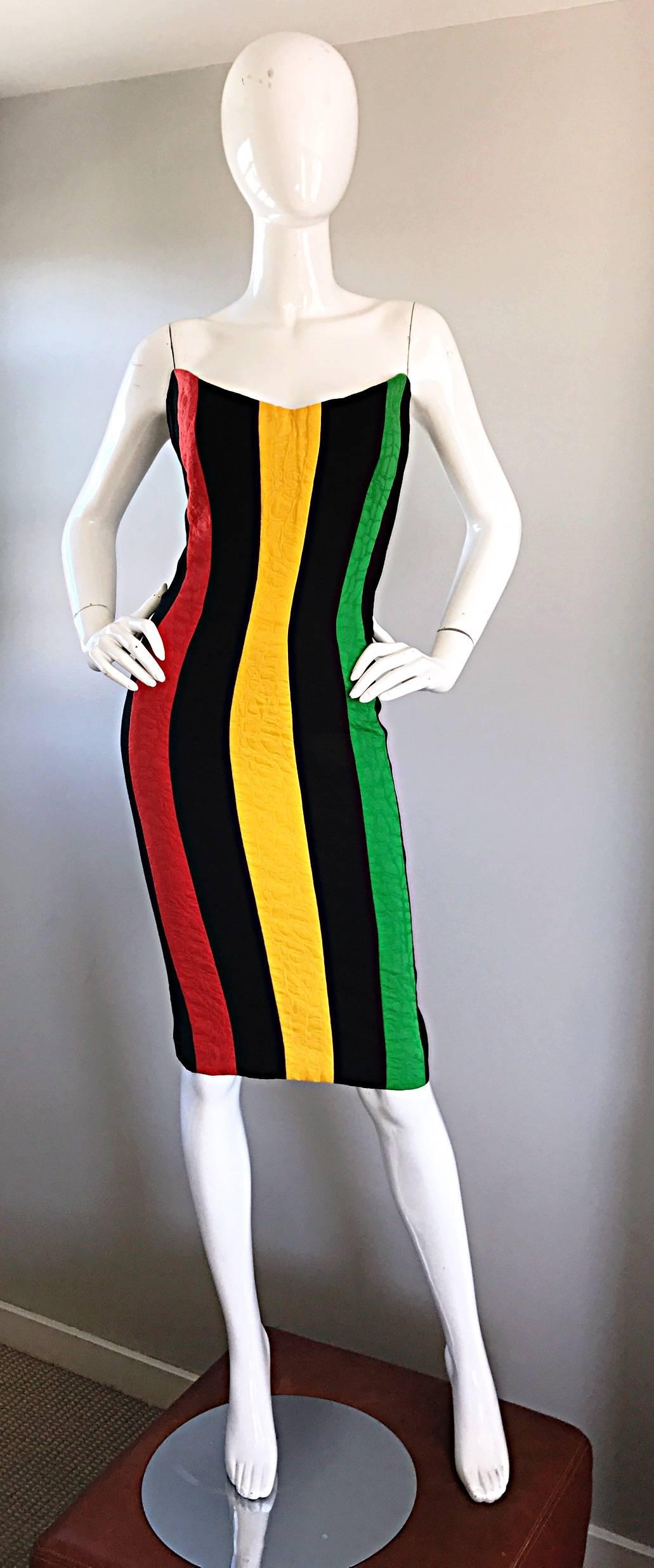 Orange Bob Mackie Size 10 / 12 Vintage Green Yellow Red Black Amazing Strapless Dress For Sale