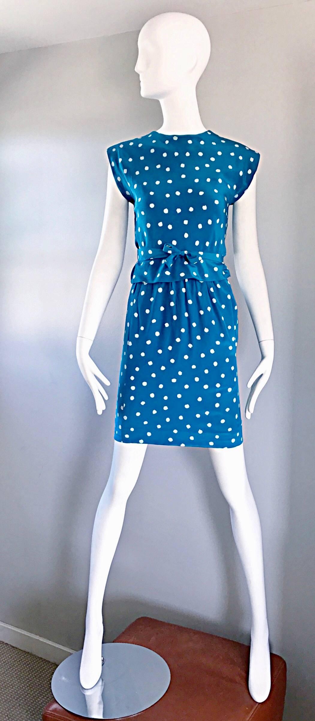 Vintage Oscar de la Renta Bright Blue and White Polka Dot Dress Ensemble Size 4 For Sale 2