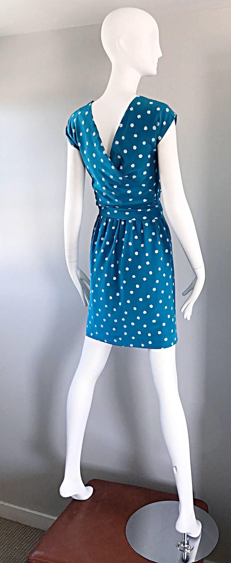 Women's Vintage Oscar de la Renta Bright Blue and White Polka Dot Dress Ensemble Size 4 For Sale