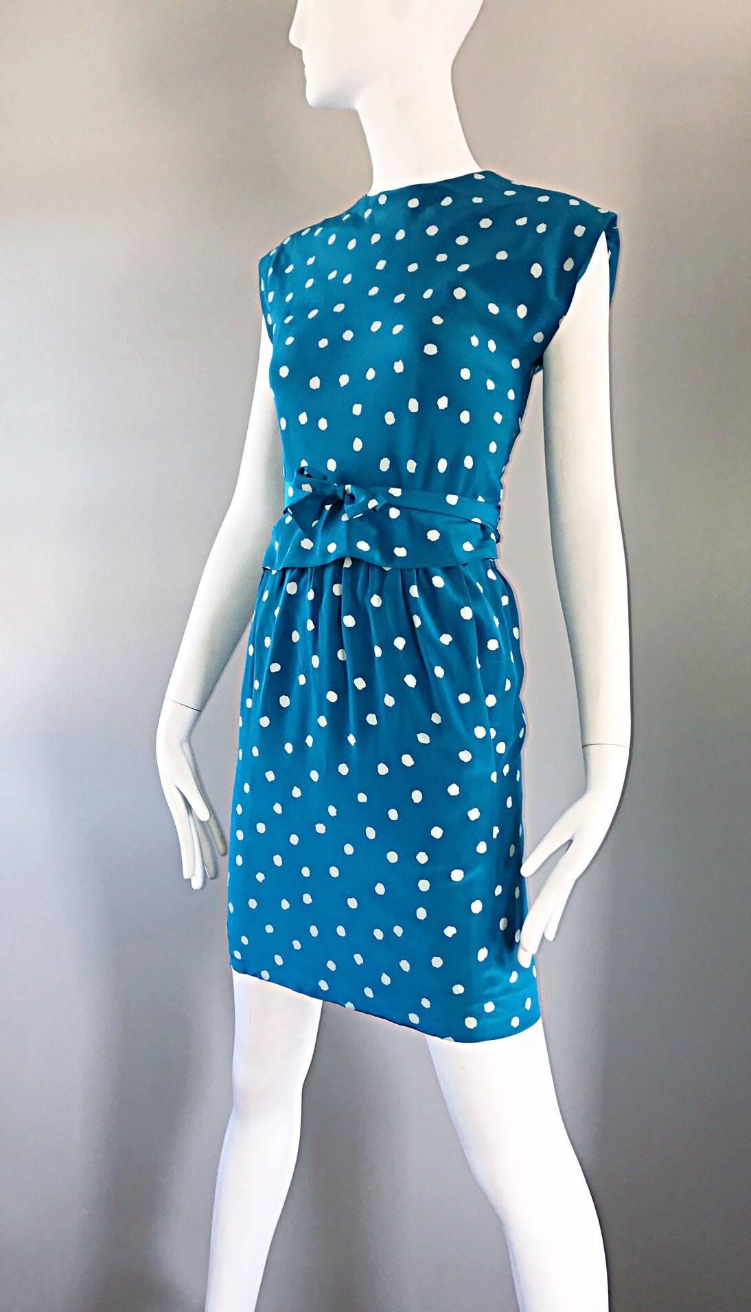 Vintage Oscar de la Renta Bright Blue and White Polka Dot Dress Ensemble Size 4 For Sale 1