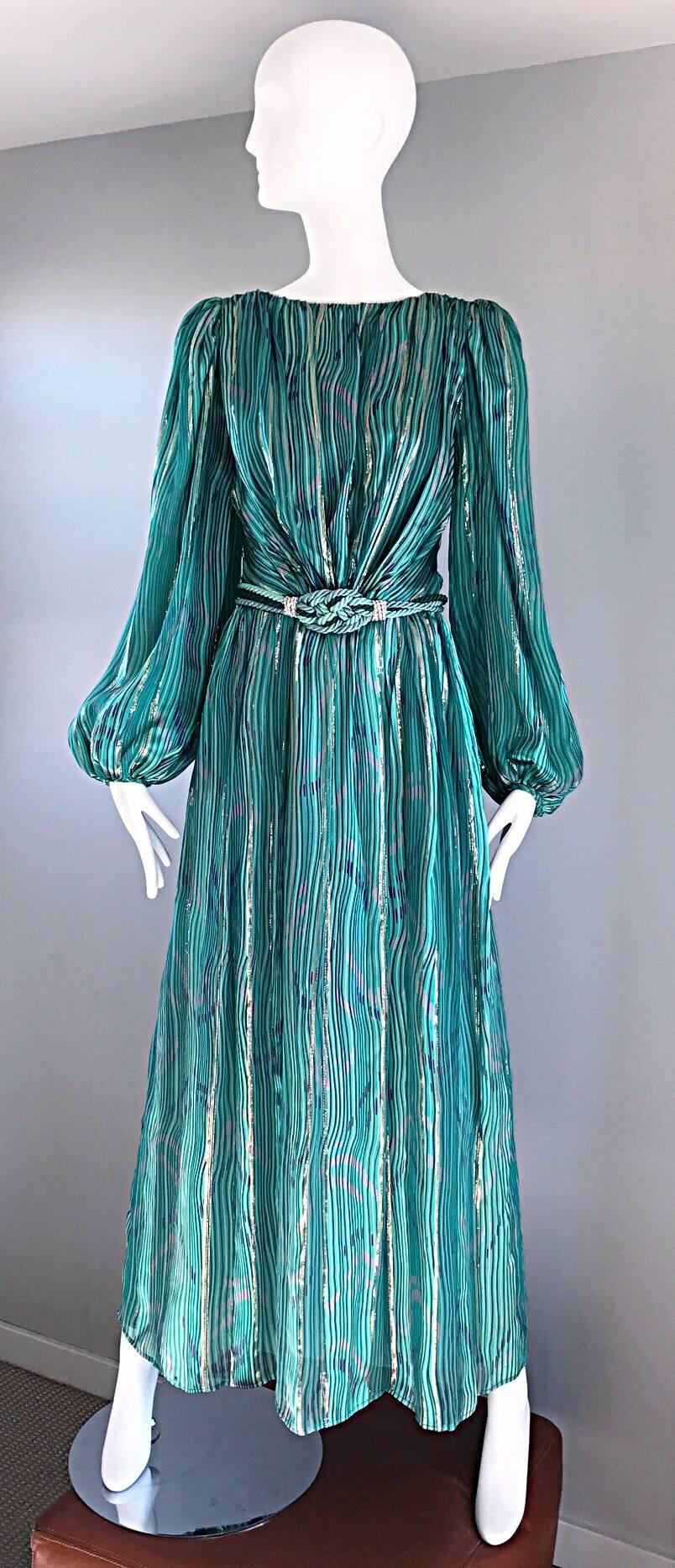 Blue 1970s Diane Dickinson Vintage Green + Gold Silk Rhinestone Belted Gown / Dress