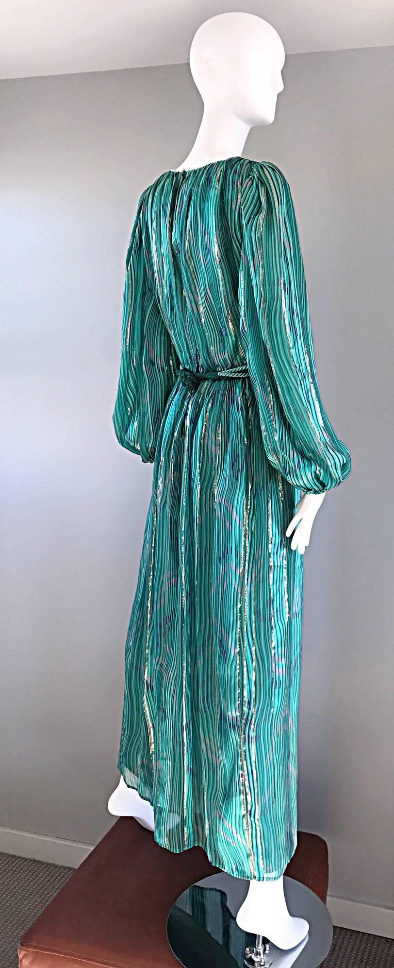 Women's 1970s Diane Dickinson Vintage Green + Gold Silk Rhinestone Belted Gown / Dress