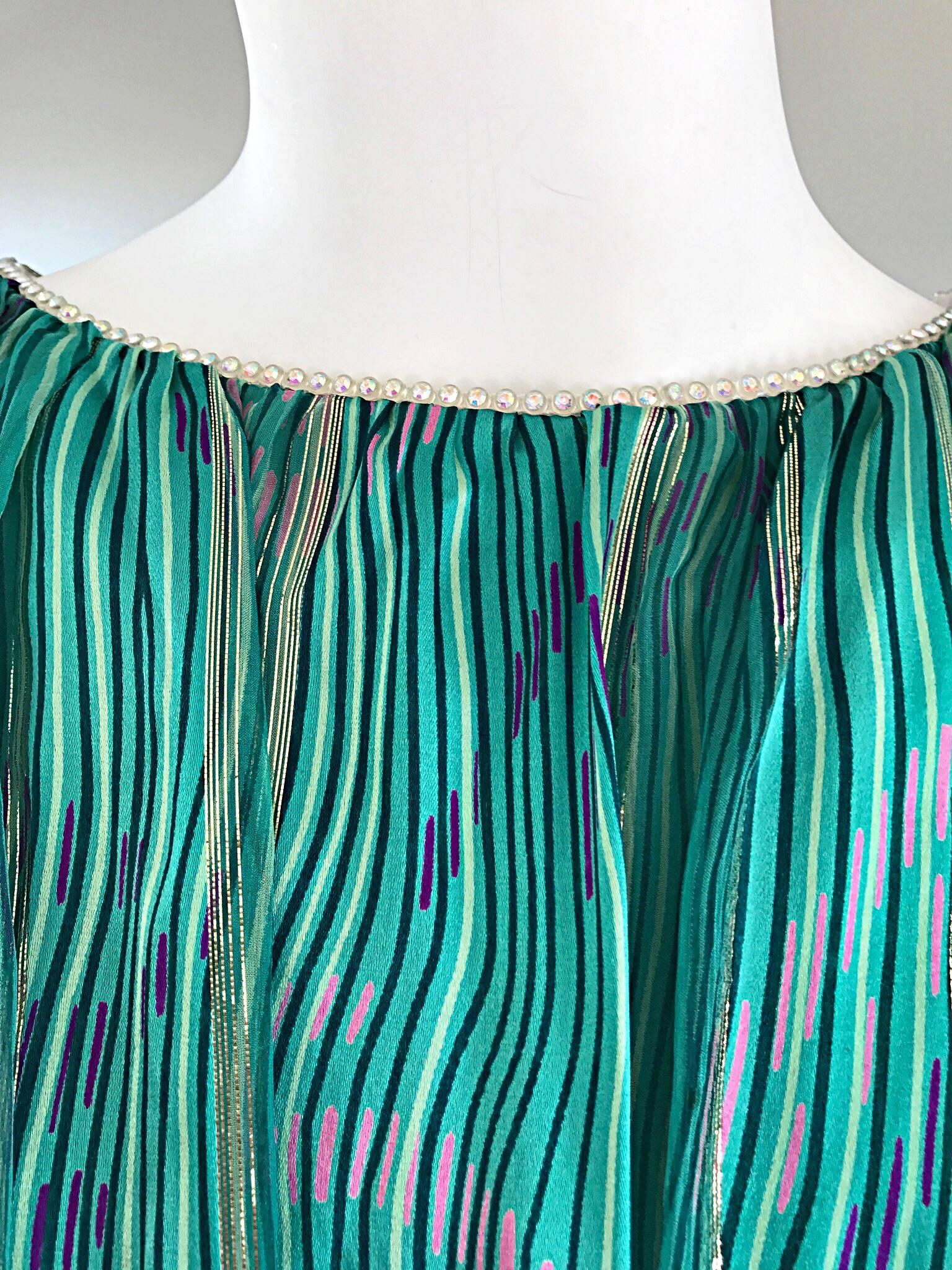 1970s Diane Dickinson Vintage Green + Gold Silk Rhinestone Belted Gown / Dress 1
