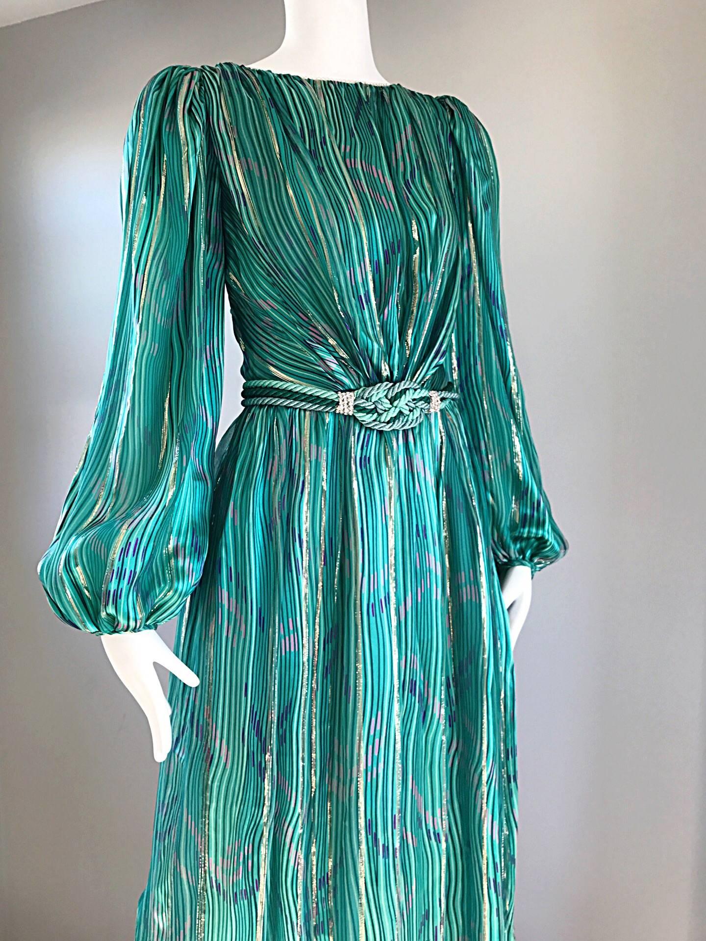 1970s Diane Dickinson Vintage Green + Gold Silk Rhinestone Belted Gown / Dress 2