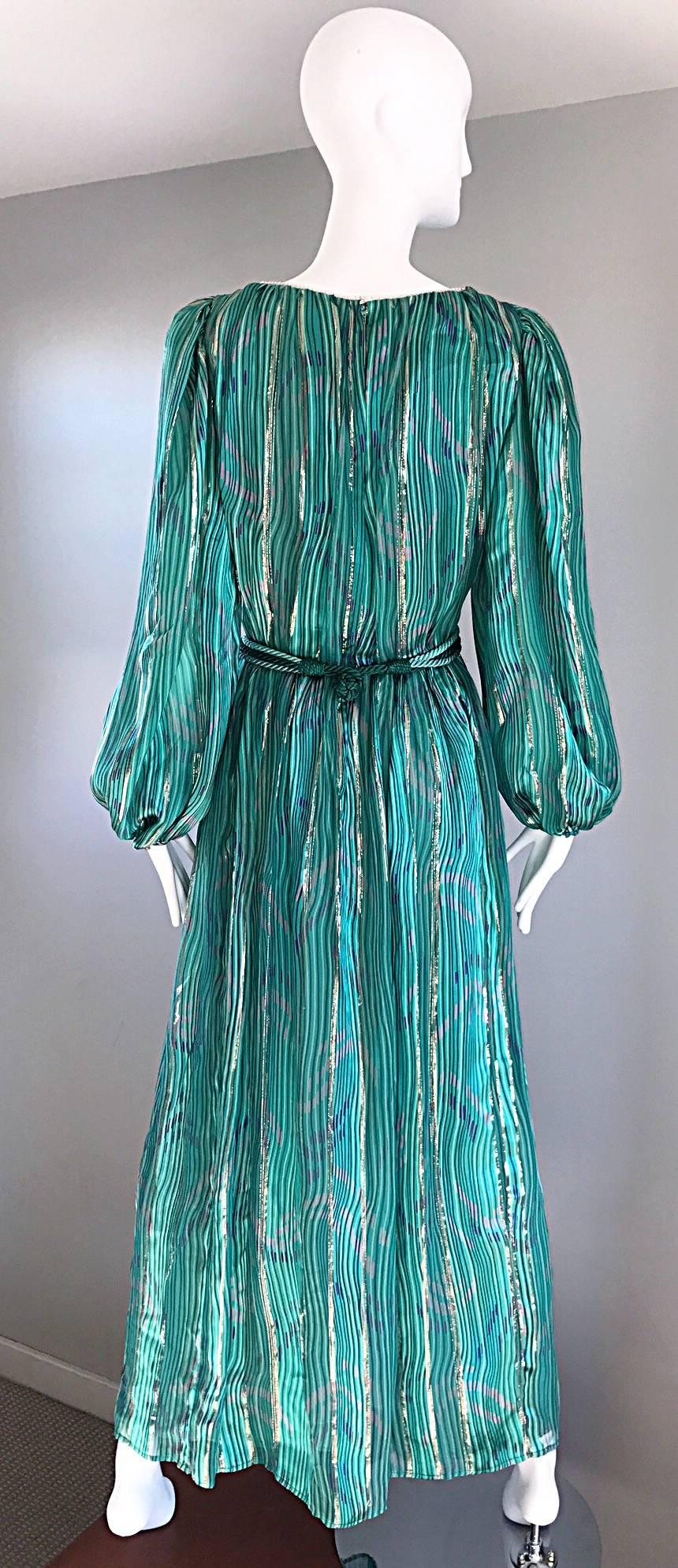 1970s Diane Dickinson Vintage Green + Gold Silk Rhinestone Belted Gown / Dress 3