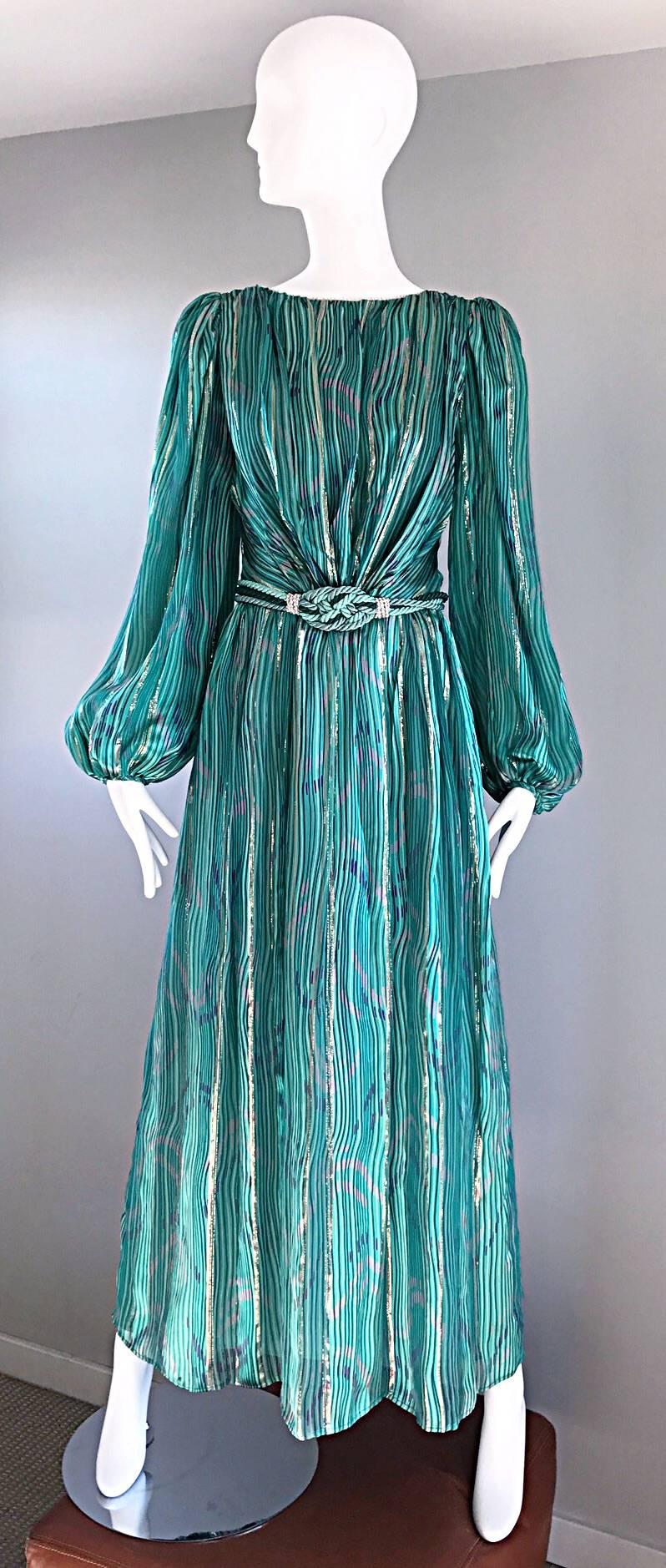 1970s Diane Dickinson Vintage Green + Gold Silk Rhinestone Belted Gown / Dress 4