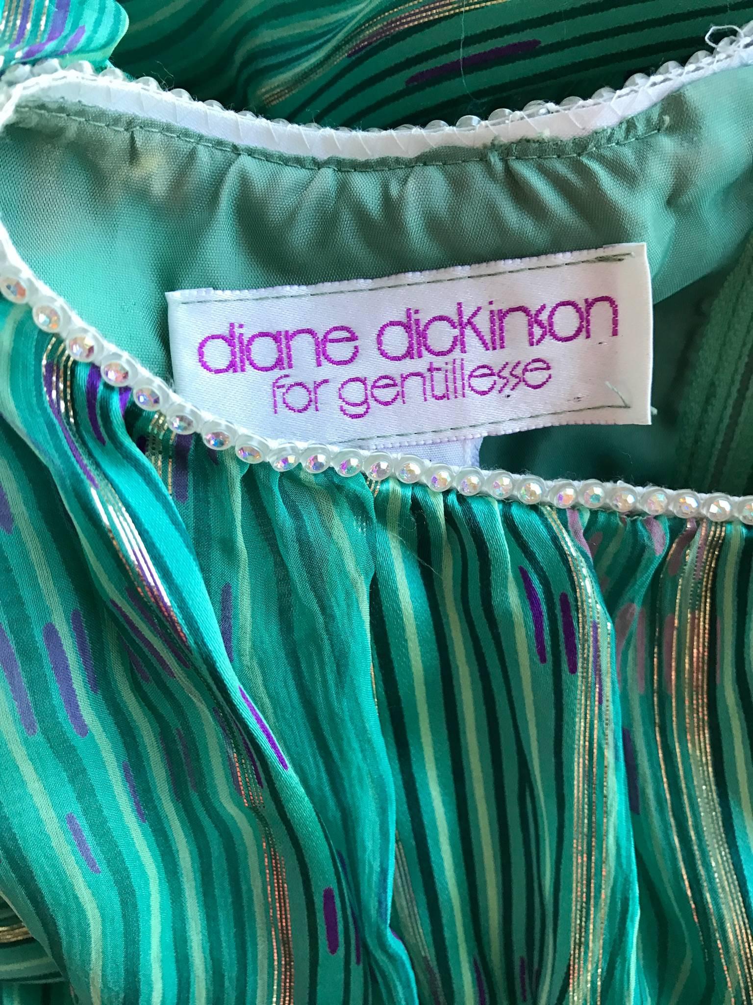 1970s Diane Dickinson Vintage Green + Gold Silk Rhinestone Belted Gown / Dress 5