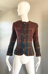 1990s Emanuel Ungaro Size 8 10 Leather Trim Colorful Herringbone Blazer Jacket