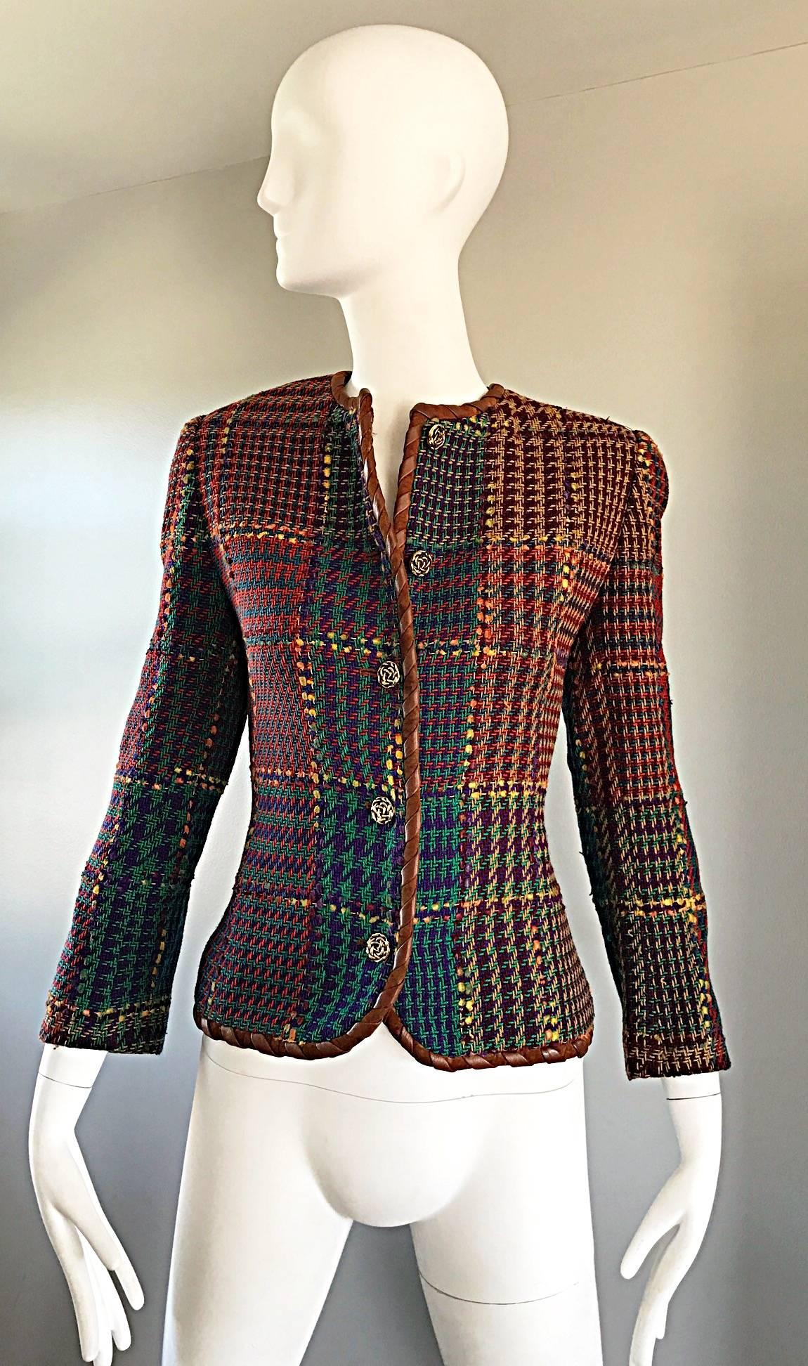 1990s Emanuel Ungaro Size 8 10 Leather Trim Colorful Herringbone Blazer Jacket  In Excellent Condition For Sale In San Diego, CA