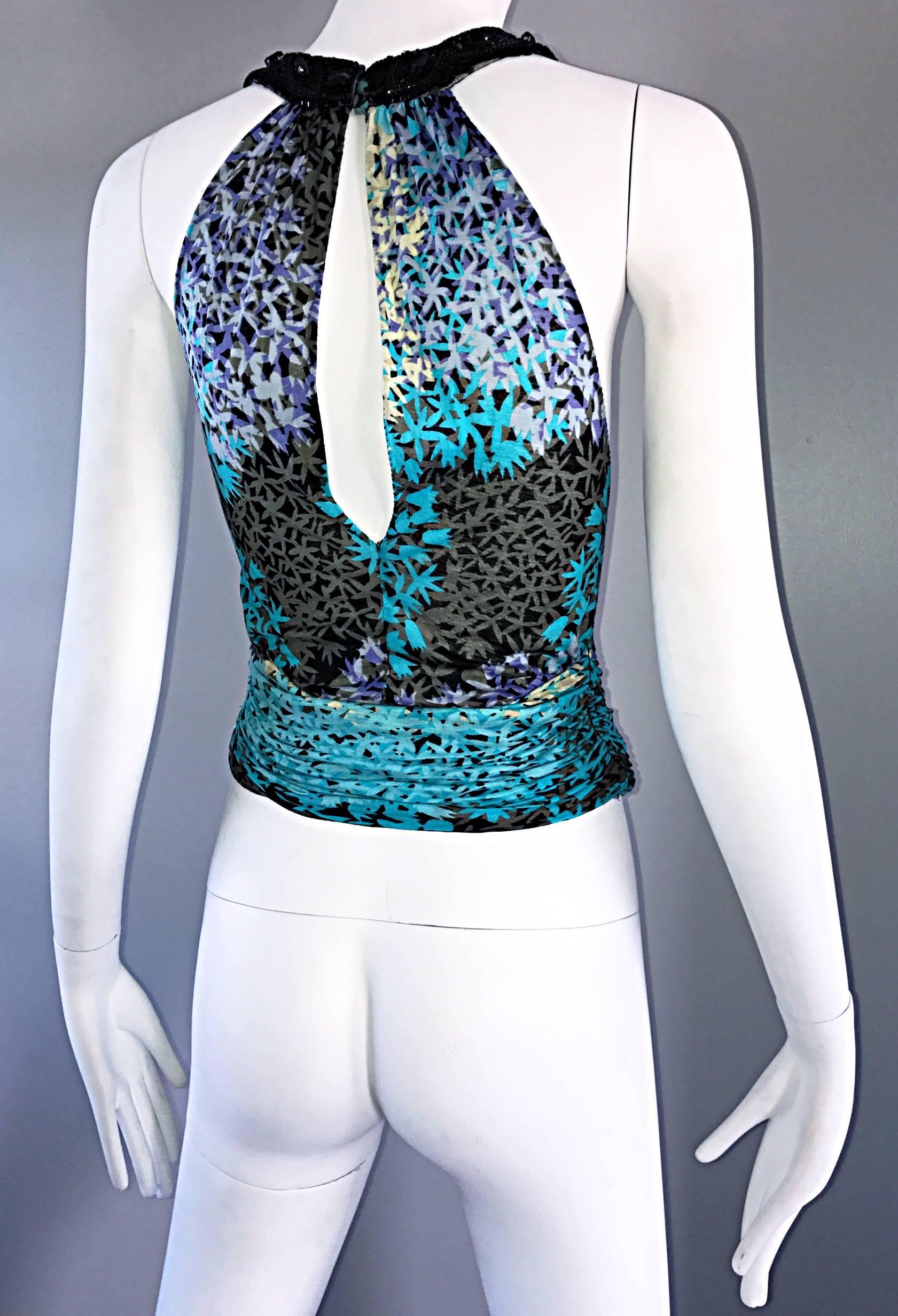 Alessandro Dell'Acqua Teal Blue + Black Beaded 1990s Open Back Sleeveless Top  For Sale 1