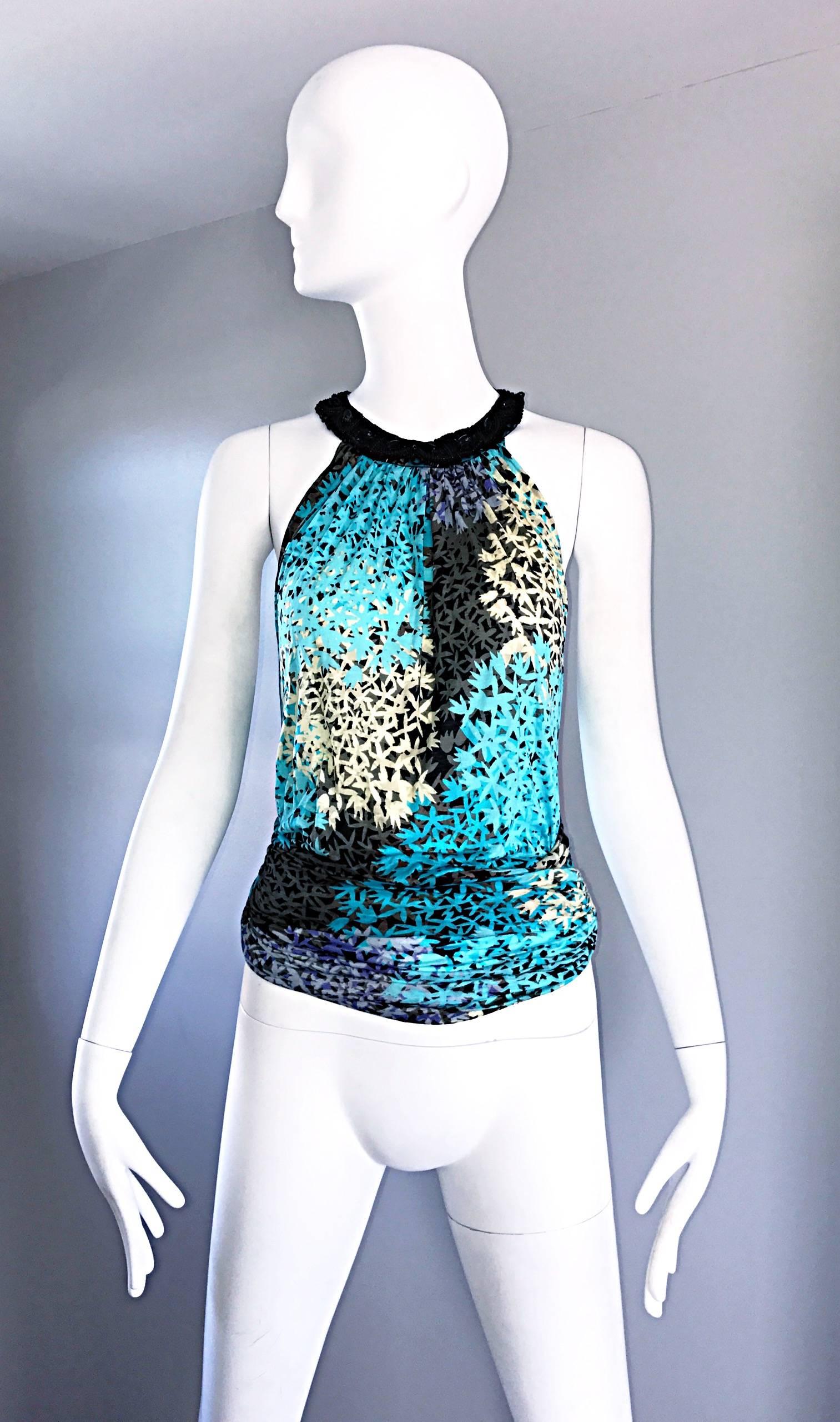 Alessandro Dell'Acqua Teal Blue + Black Beaded 1990s Open Back Sleeveless Top  For Sale 4
