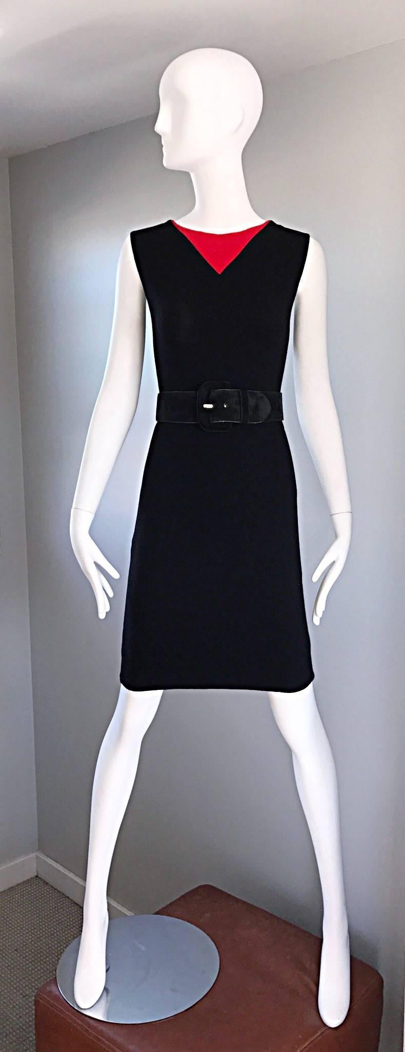 Vintage Bill Blass 1960s Black and Red Mod 60s Chic Wool Shift Dress LBD 1