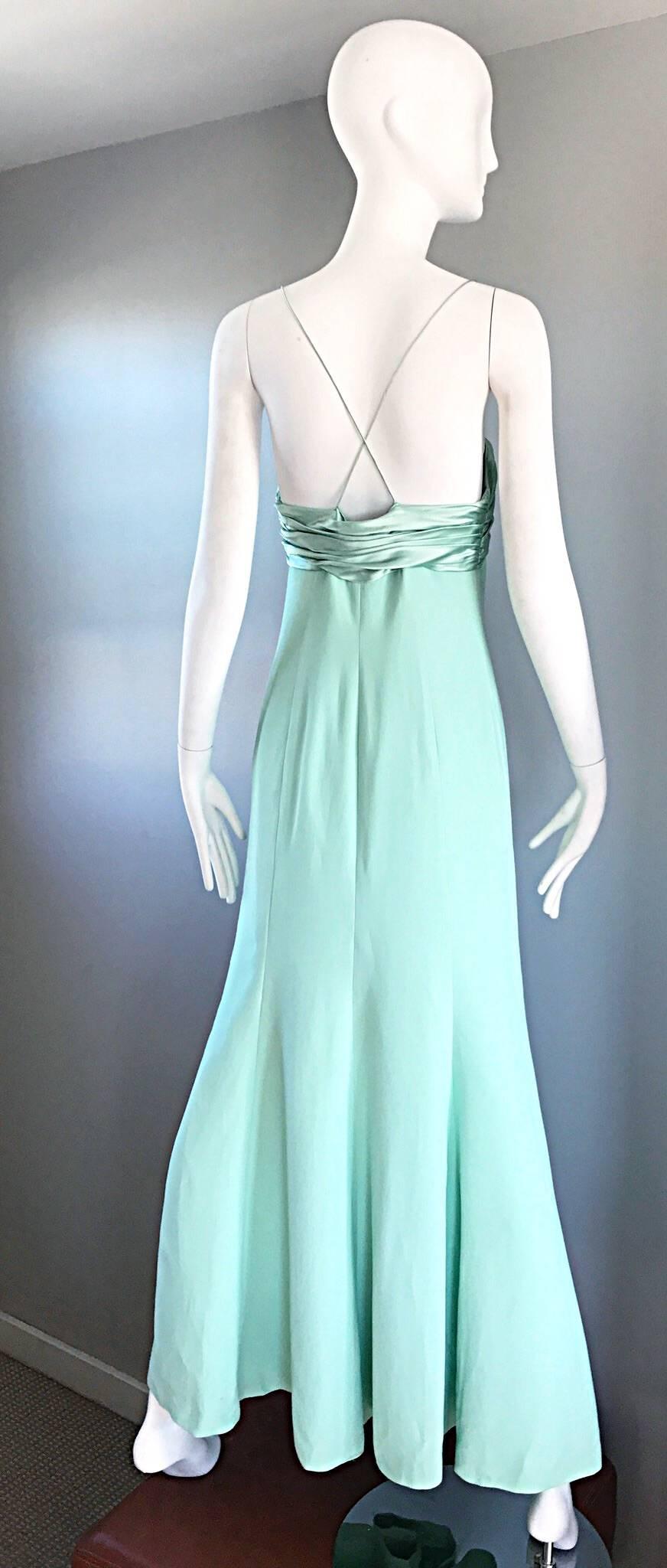1990s Valentino Vintage Light Mint Green 90s Beautiful Crepe + Silk Gown / Dress 1