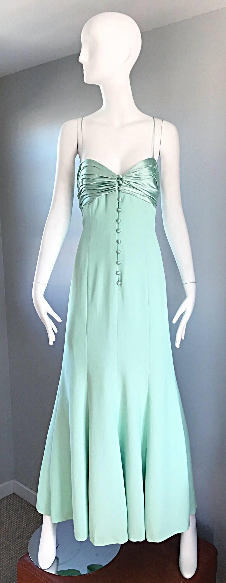 1990s Valentino Vintage Light Mint Green 90s Beautiful Crepe + Silk Gown / Dress 2