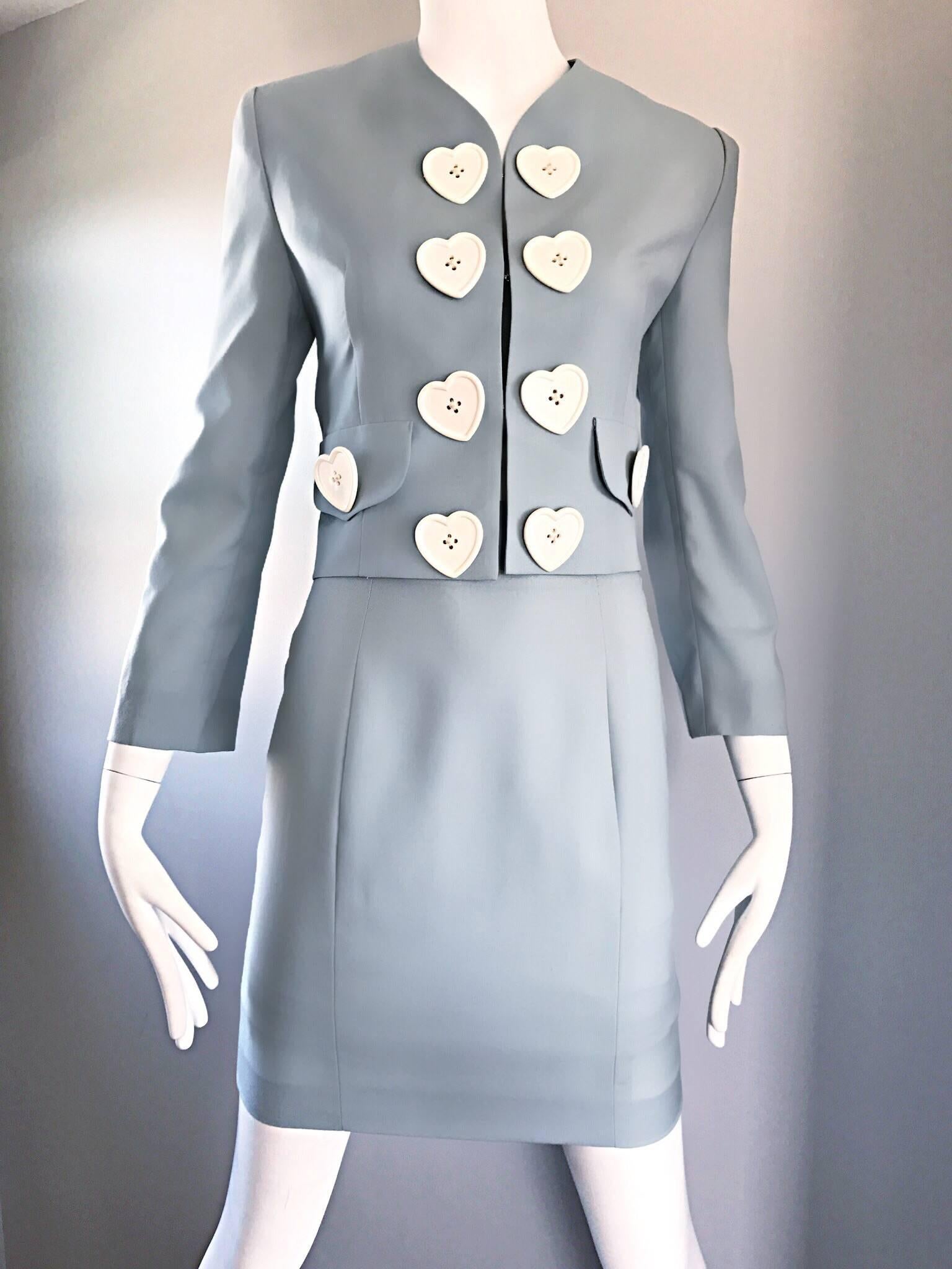 Women's Vintage Moschino Cheap & Chic Pale Blue 1990s Heart Buttons Novelty Skirt Suit