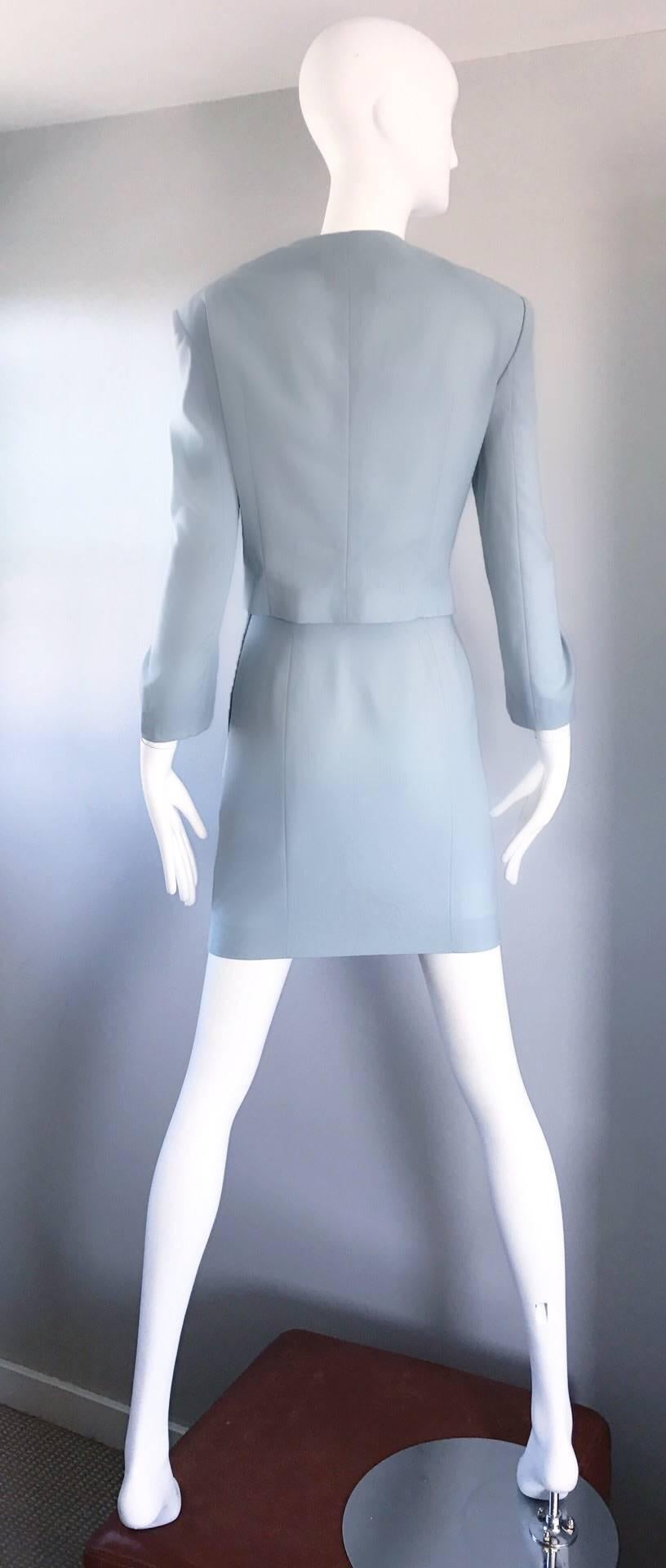 Vintage Moschino Cheap & Chic Pale Blue 1990s Heart Buttons Novelty Skirt Suit In Excellent Condition In San Diego, CA