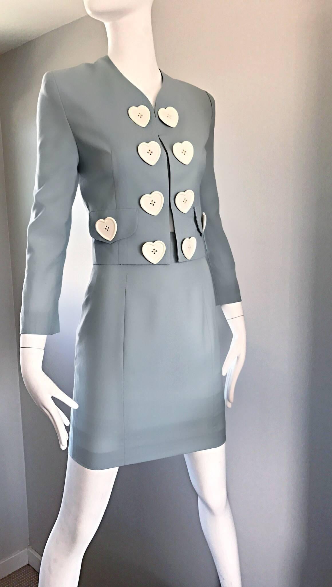 Vintage Moschino Cheap & Chic Pale Blue 1990s Heart Buttons Novelty Skirt Suit 1