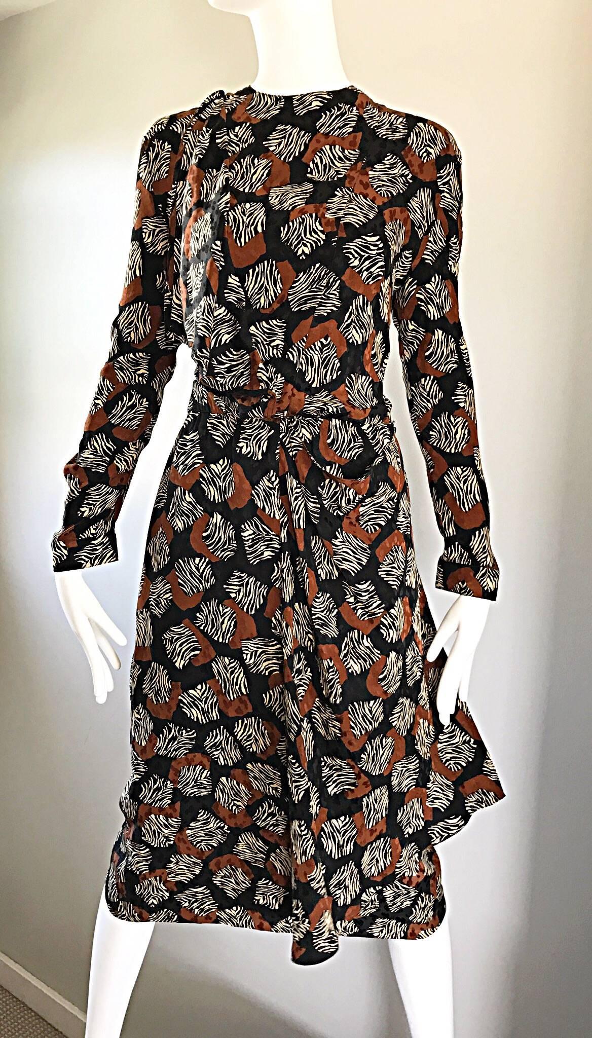 Chic Vintage Escada by Margaretha Ley 1990s Brown Black Zebra Print Silk Dress  In Excellent Condition For Sale In San Diego, CA