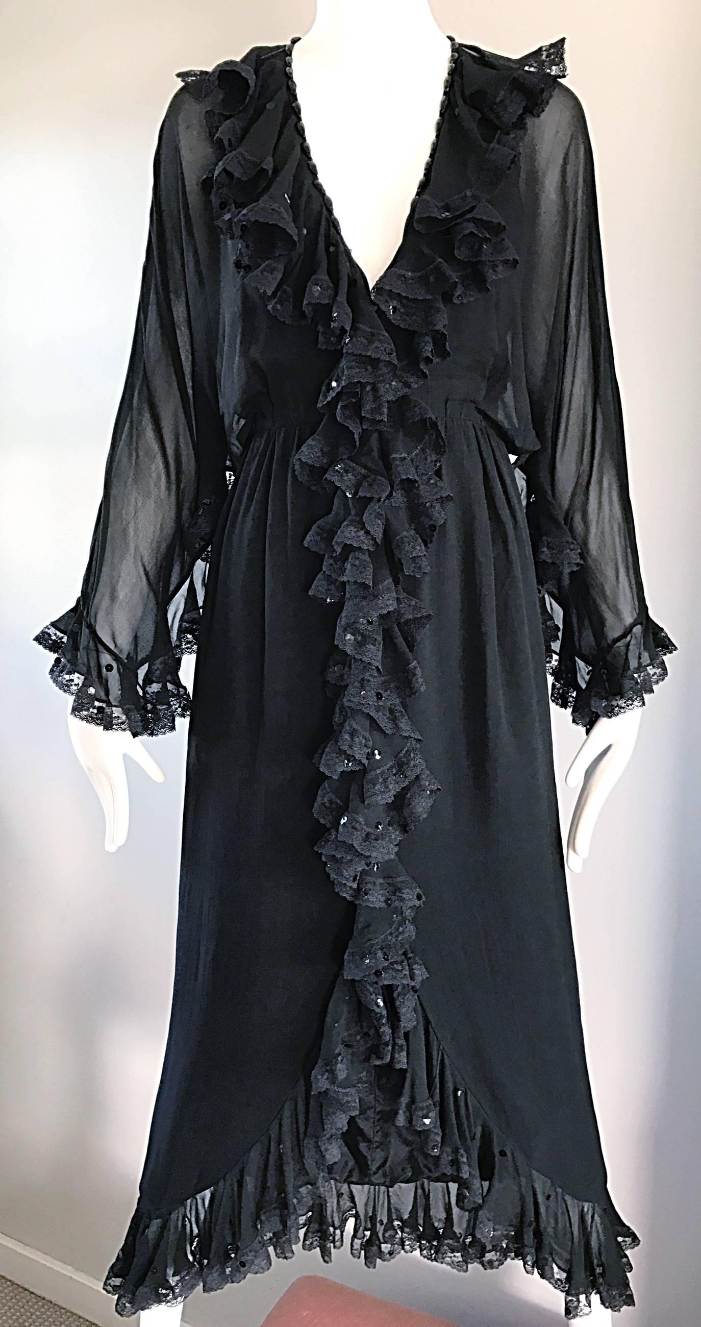 Vintage Bill Blass 1970s Black Silk Chiffon and Lace Sequined Boho 70s Dress For Sale 1