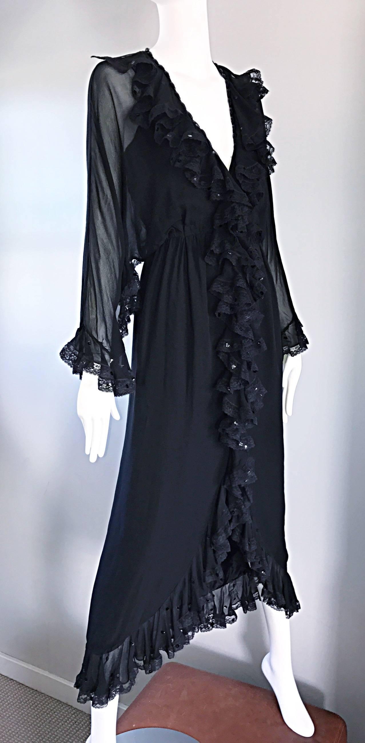 Vintage Bill Blass 1970s Black Silk Chiffon and Lace Sequined Boho 70s Dress For Sale 2