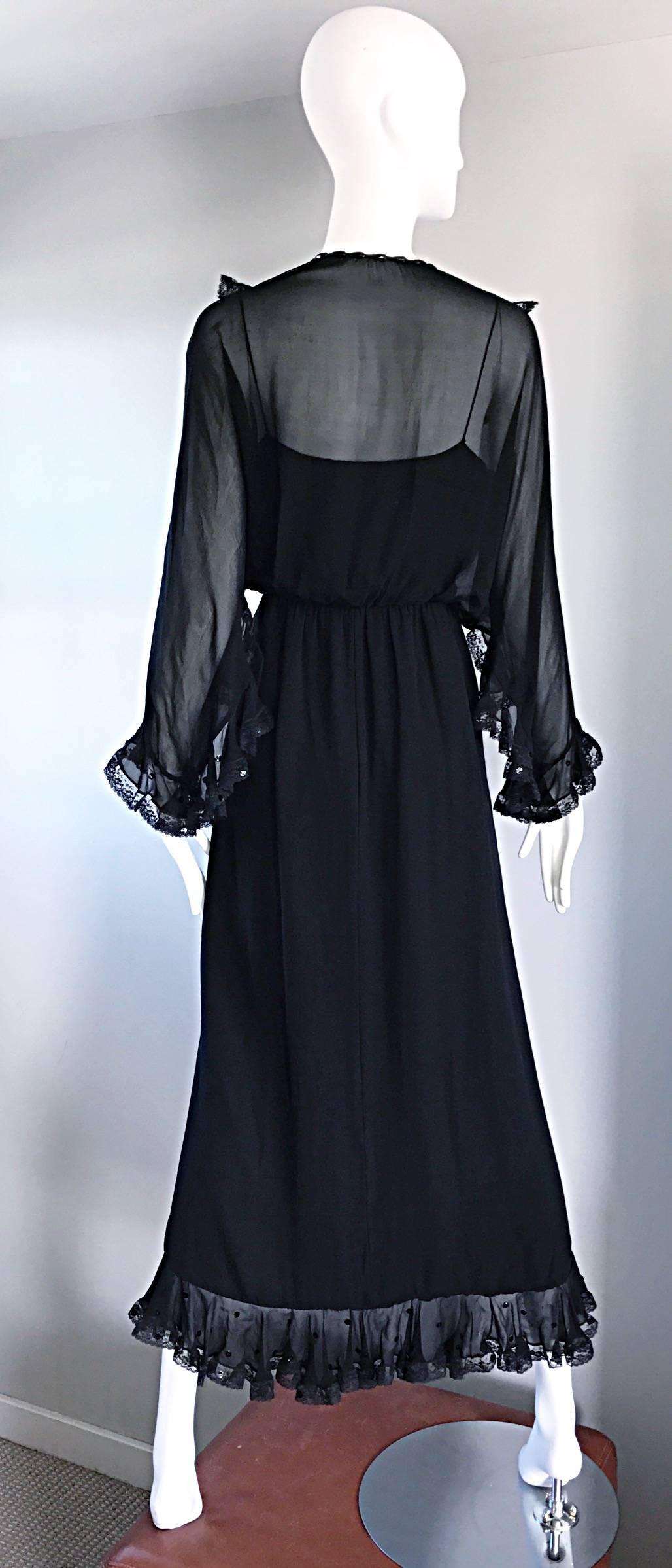 Women's Vintage Bill Blass 1970s Black Silk Chiffon and Lace Sequined Boho 70s Dress For Sale