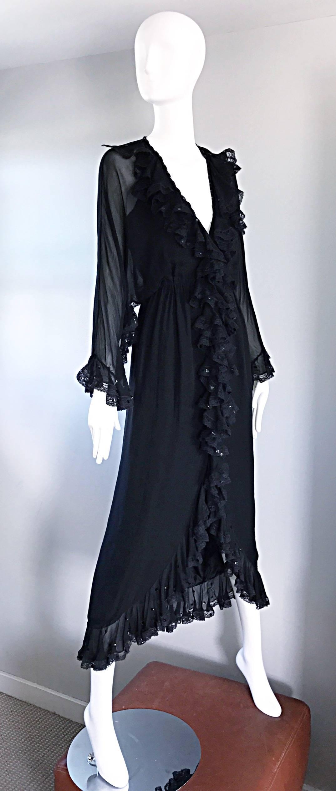Vintage Bill Blass 1970s Black Silk Chiffon and Lace Sequined Boho 70s Dress In Good Condition In San Diego, CA