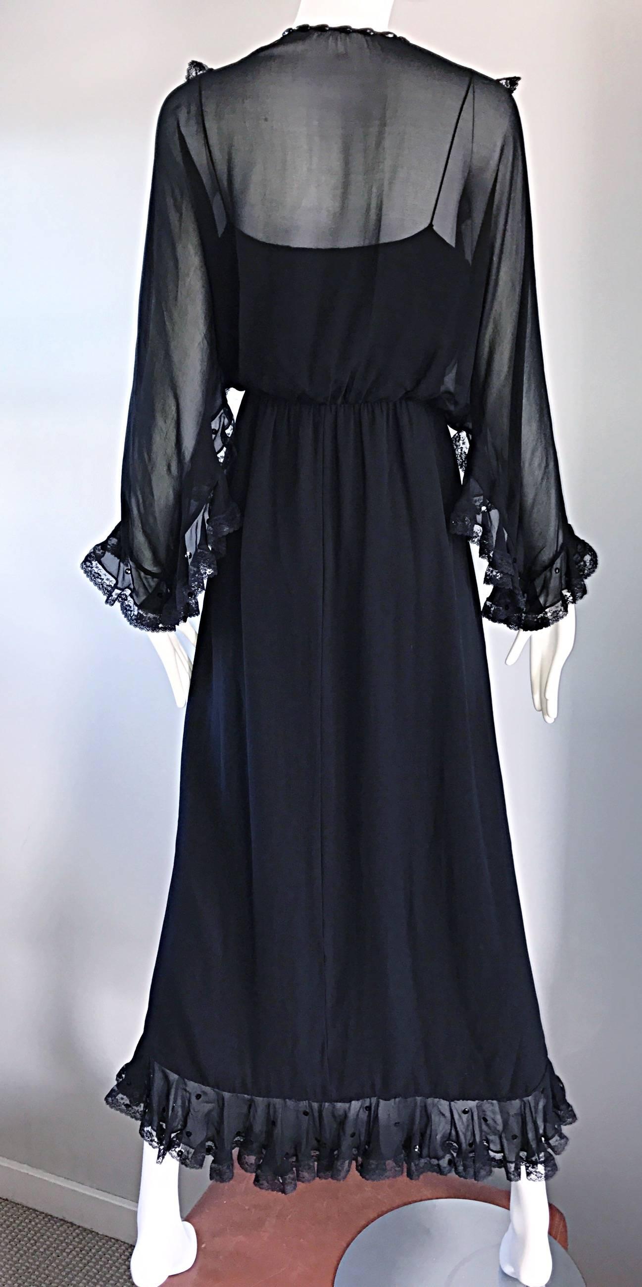 Vintage Bill Blass 1970s Black Silk Chiffon and Lace Sequined Boho 70s Dress For Sale 3