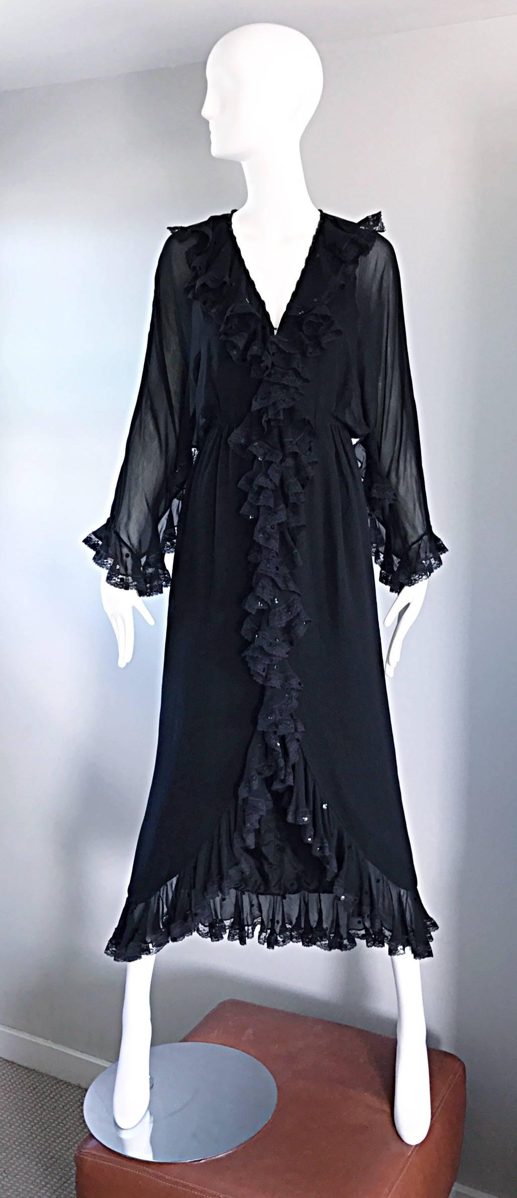 Vintage Bill Blass 1970s Black Silk Chiffon and Lace Sequined Boho 70s Dress For Sale 4