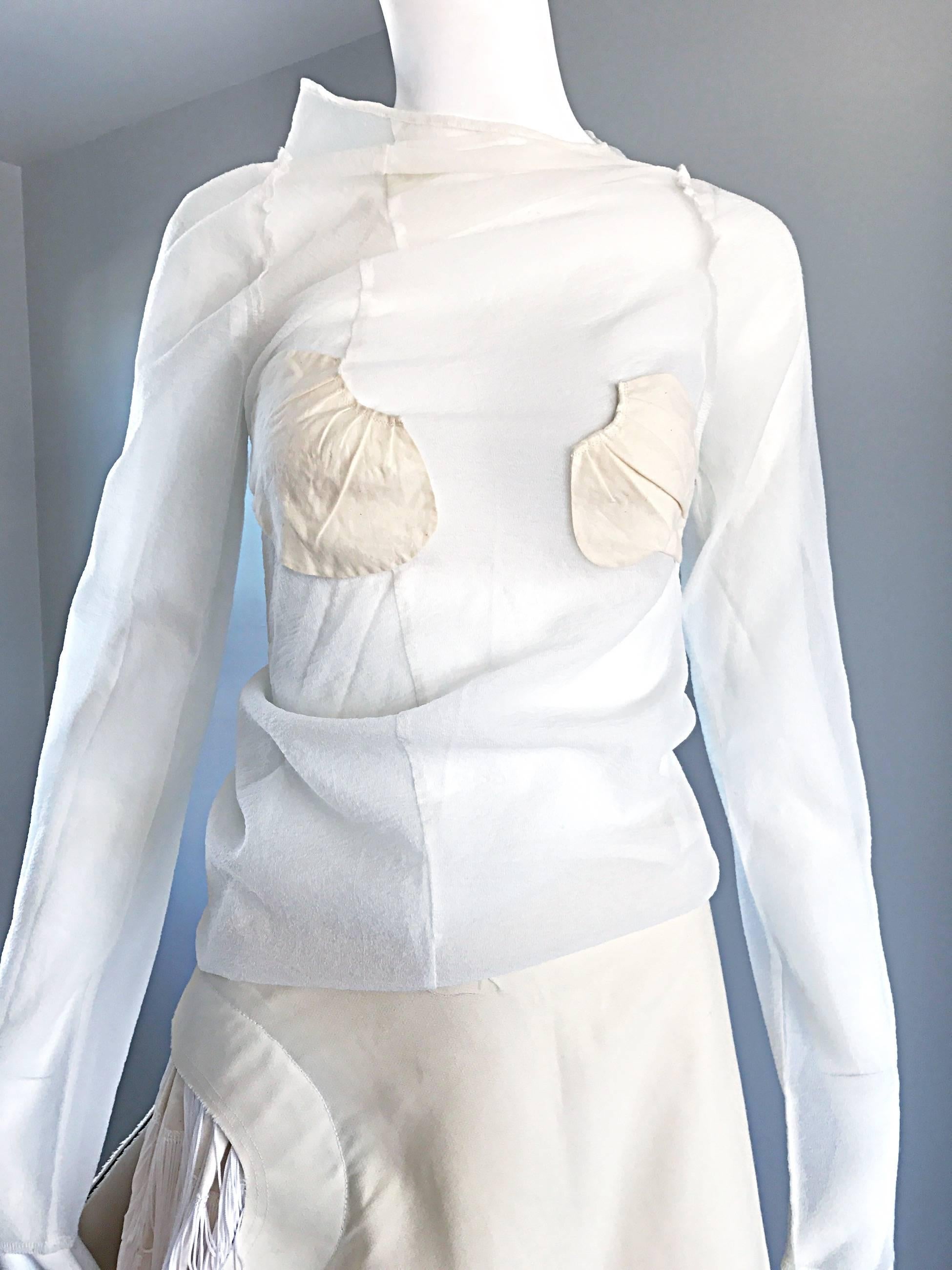 Gray Comes des Garçons ' Broken Bride ' 2005 Runway Semi Sheer Top and Fringe Skirt