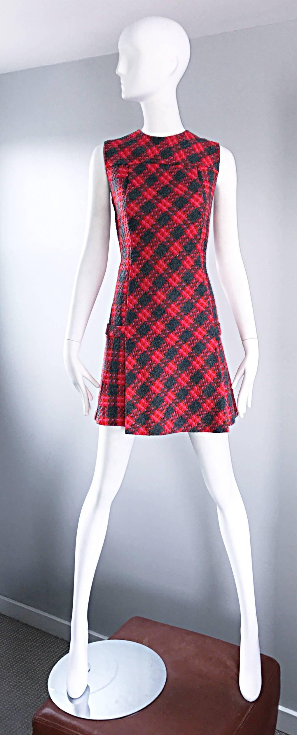 Chic and rare 60s BEAU TIME mod orange, red, pink, and gray plaid A - Line 'trumpet' dress! From the infamous 'Barbie' dressmaker! This label only existed for real life women for a short time, and is very sought after today. Flattering fitted