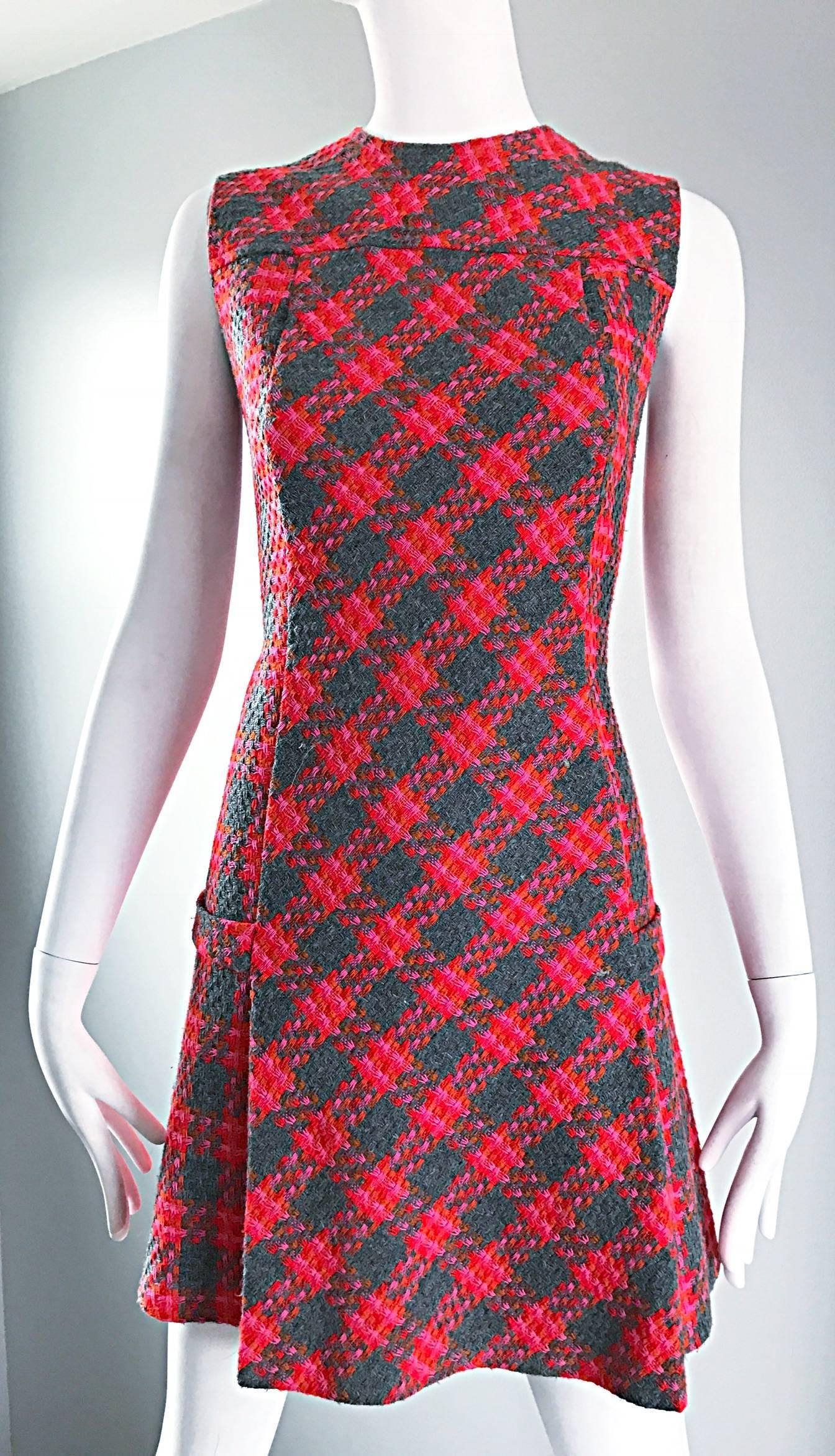 Rare 1960s Beau Time Pink + Orange + Red + Grey Plaid A - Line Vintage Mod Dress In Excellent Condition In San Diego, CA