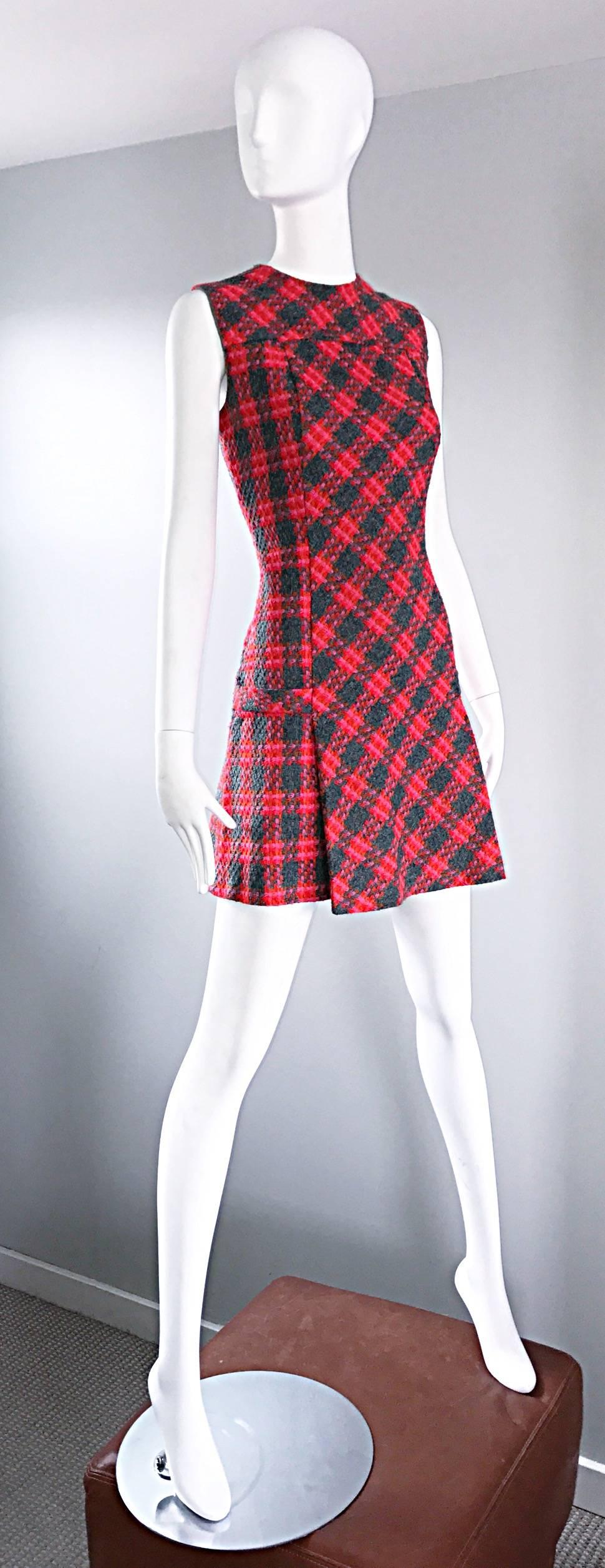 Rare 1960s Beau Time Pink + Orange + Red + Grey Plaid A - Line Vintage Mod Dress 1