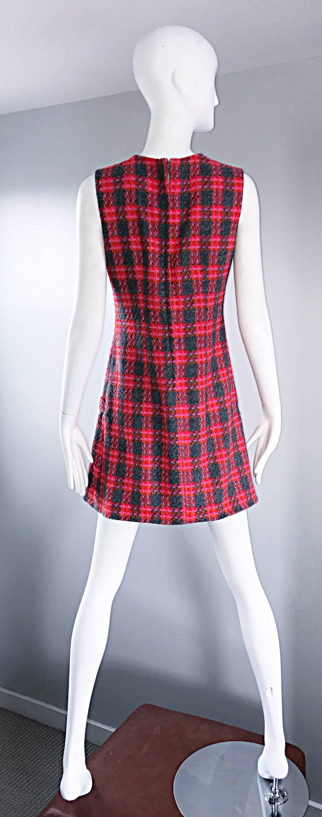 Rare 1960s Beau Time Pink + Orange + Red + Grey Plaid A - Line Vintage Mod Dress 2