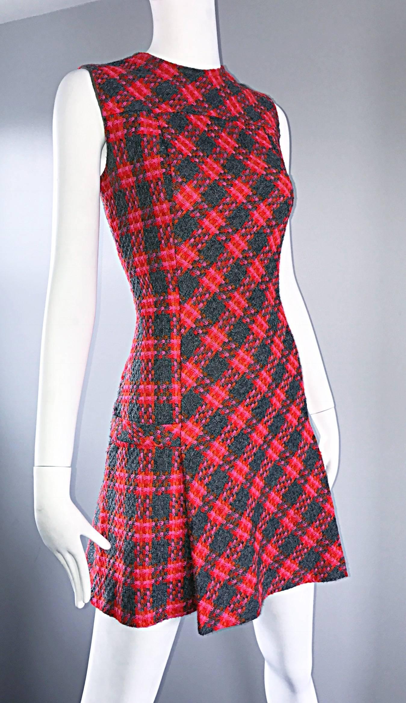 Rare 1960s Beau Time Pink + Orange + Red + Grey Plaid A - Line Vintage Mod Dress 3