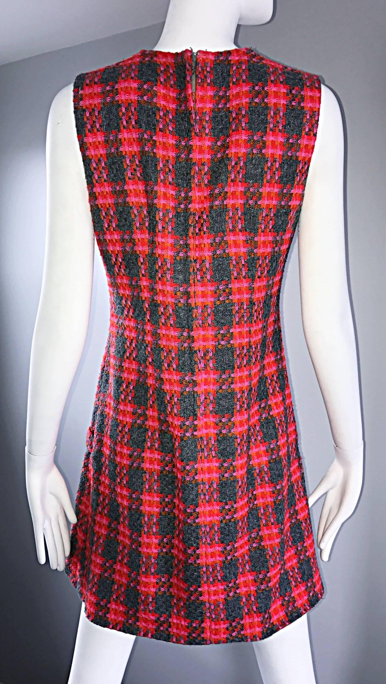 Rare 1960s Beau Time Pink + Orange + Red + Grey Plaid A - Line Vintage Mod Dress 4