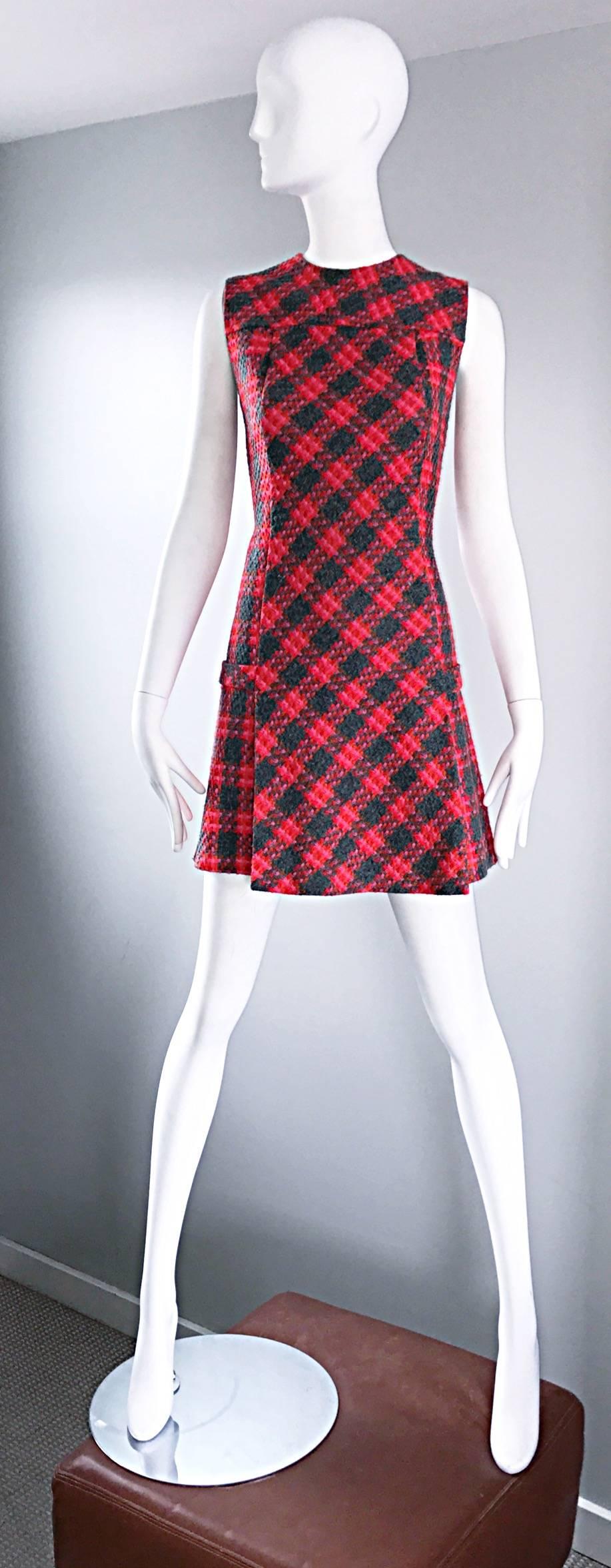 Rare 1960s Beau Time Pink + Orange + Red + Grey Plaid A - Line Vintage Mod Dress 5