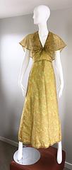 1970s Boho Chic Yellow + Chartreuse Green Daisy Flower Print Chiffon Maxi Dress